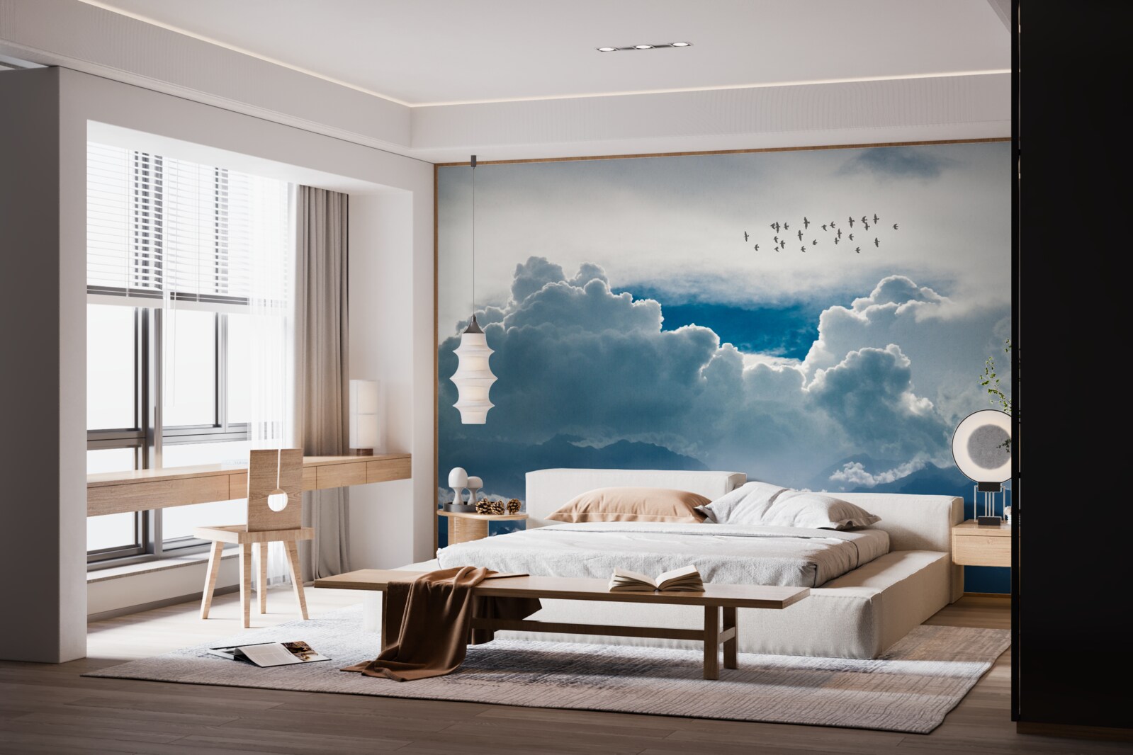 Papier peint groupe d'oiseaux au-dessus de nuages épais