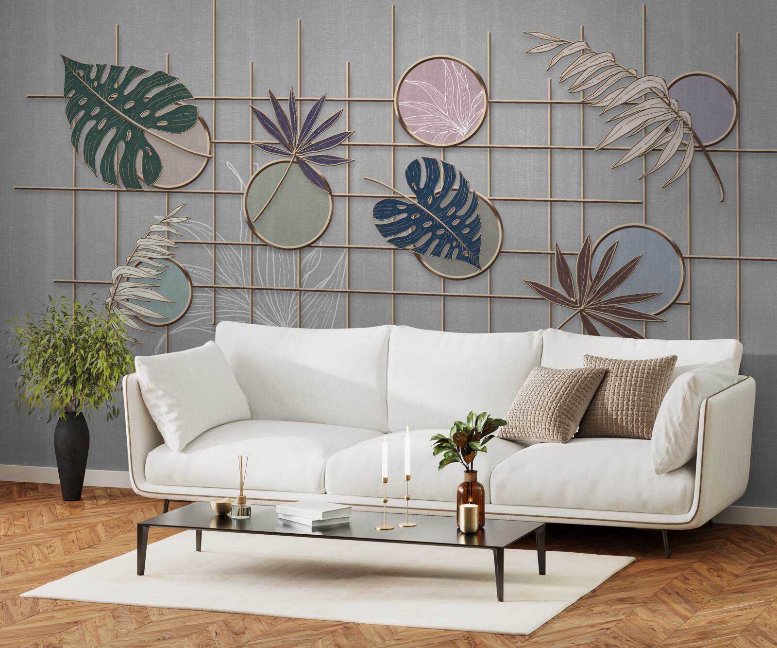 Papier peint feuilles de plantes tropicales sur une grille dorée