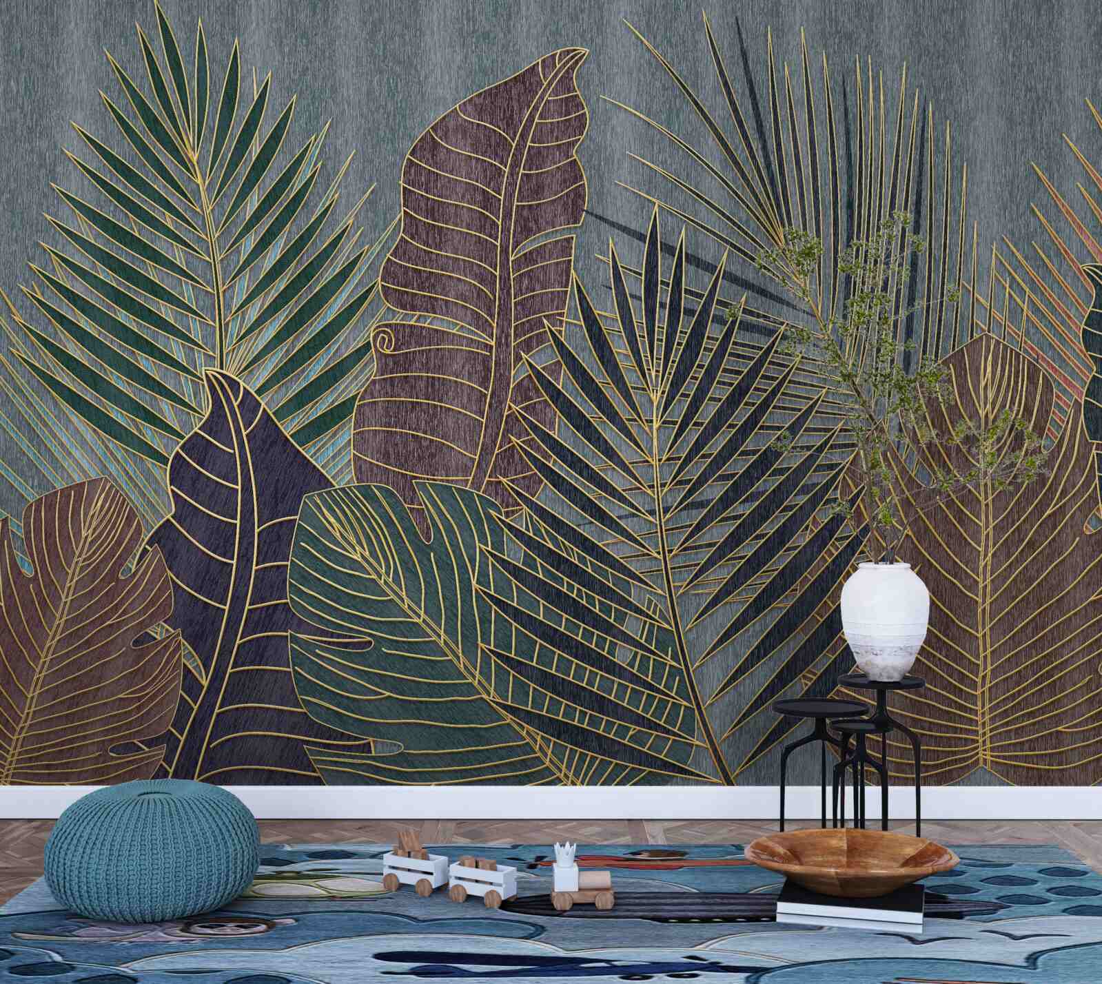 Papier peint coucher de soleil dans une forêt tropicale enveloppée d'abstraction