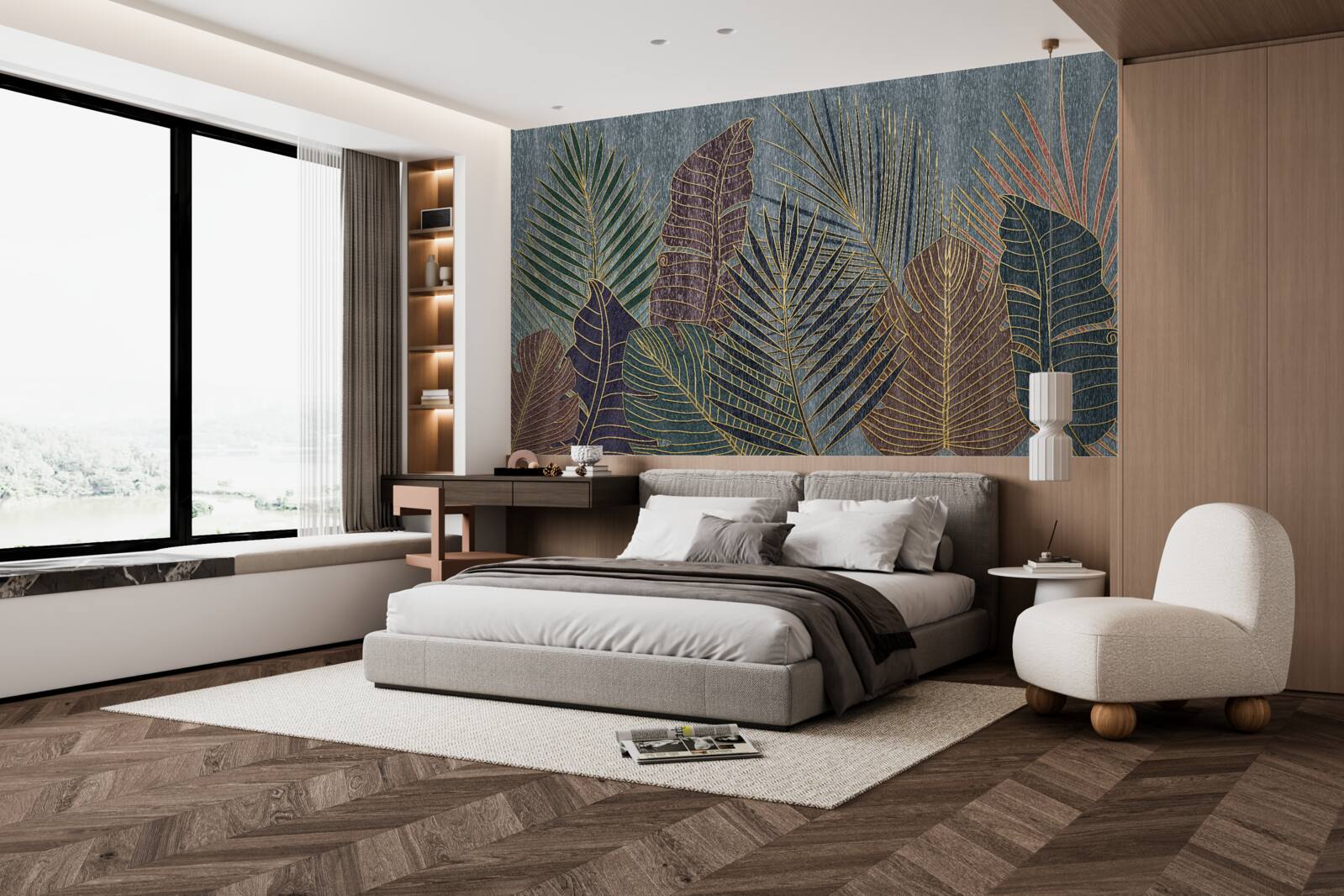 Papier peint coucher de soleil dans une forêt tropicale enveloppée d'abstraction