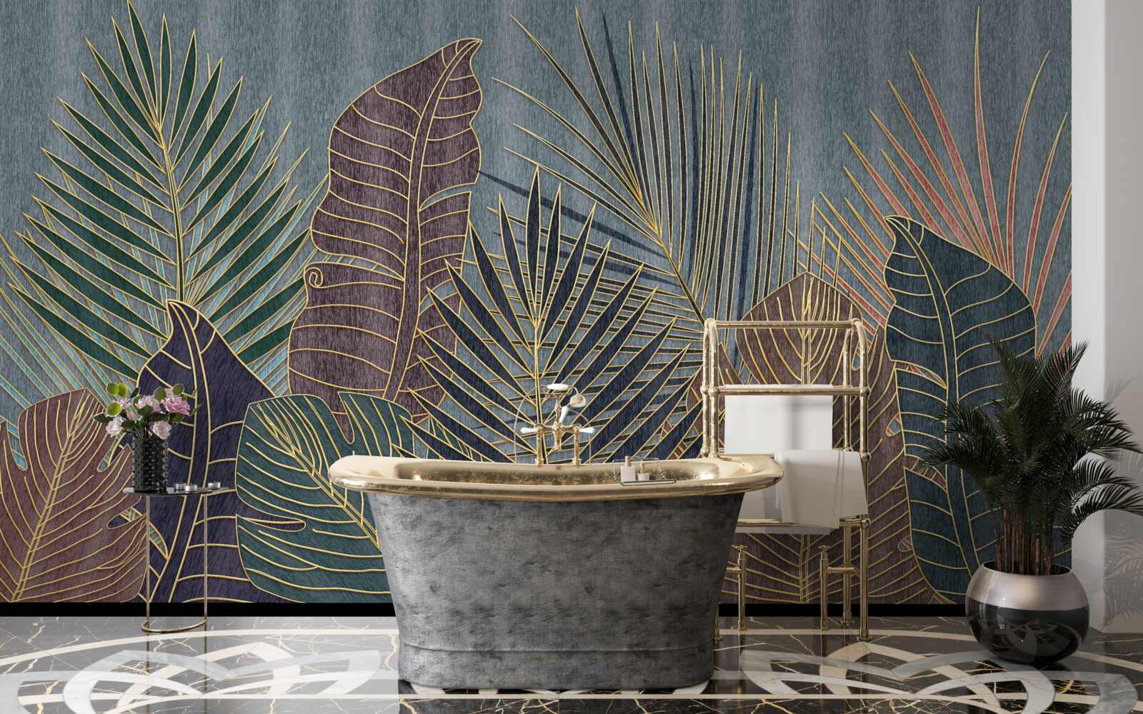 Papier peint coucher de soleil dans une forêt tropicale enveloppée d'abstraction