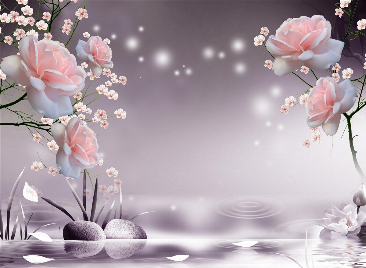 Papier peint fleurs s'ouvrant au-dessus de la surface de l'eau