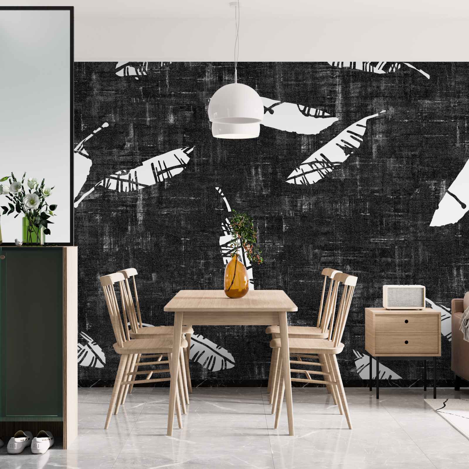 Papier peint graphique avec des feuilles de palmier bleues