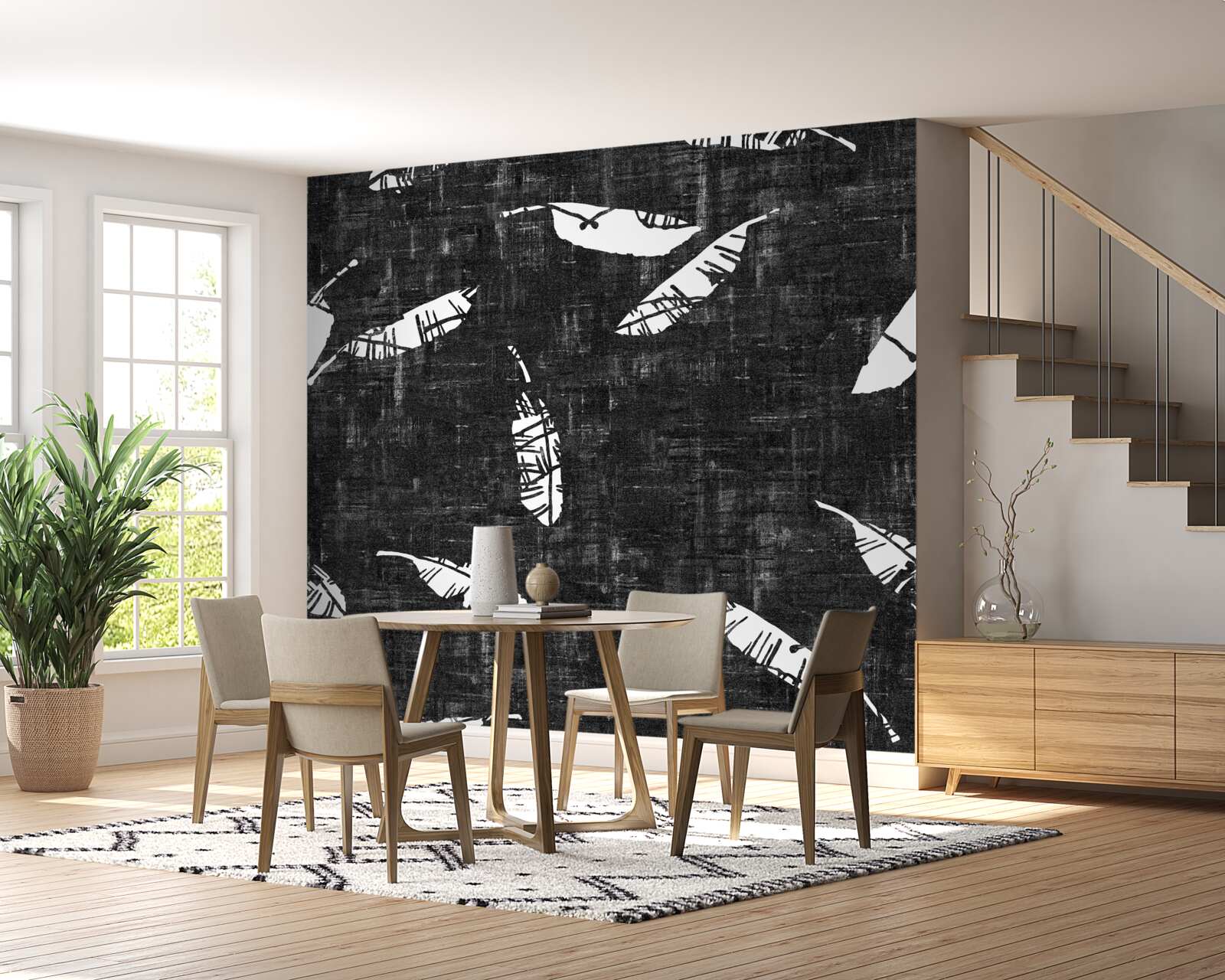 Papier peint graphique avec des feuilles de palmier bleues