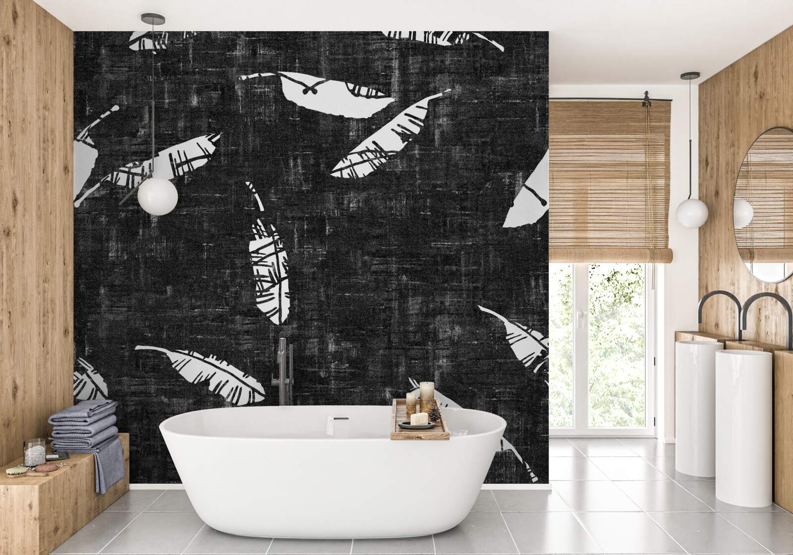 Papier peint graphique avec des feuilles de palmier bleues