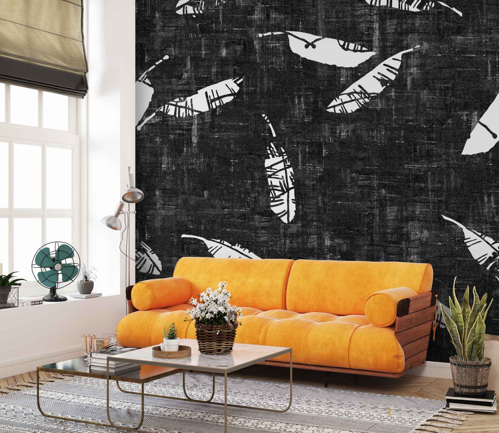 Papier peint graphique avec des feuilles de palmier bleues