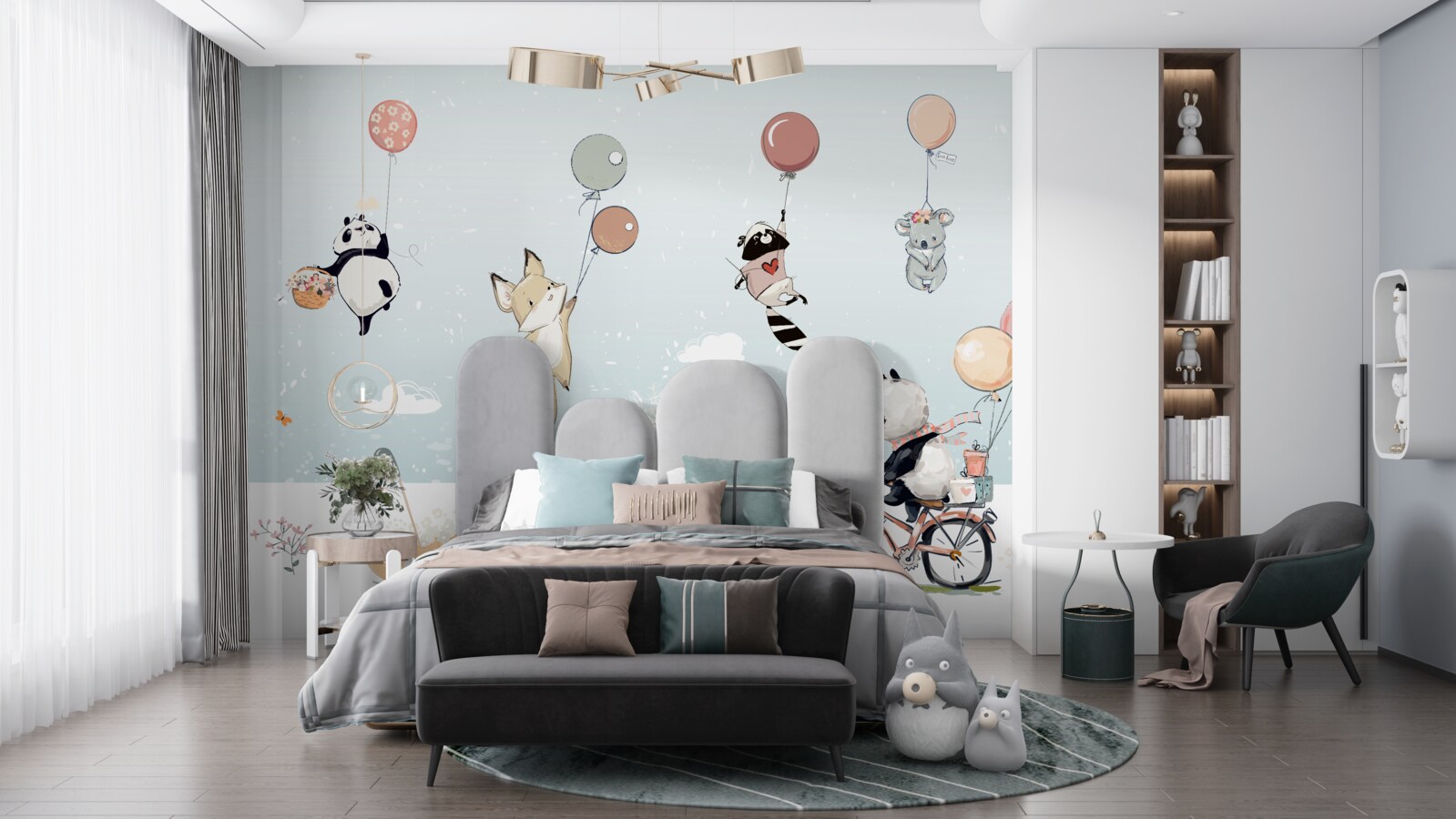 Papier peint panda à bicyclette et animaux à bulles