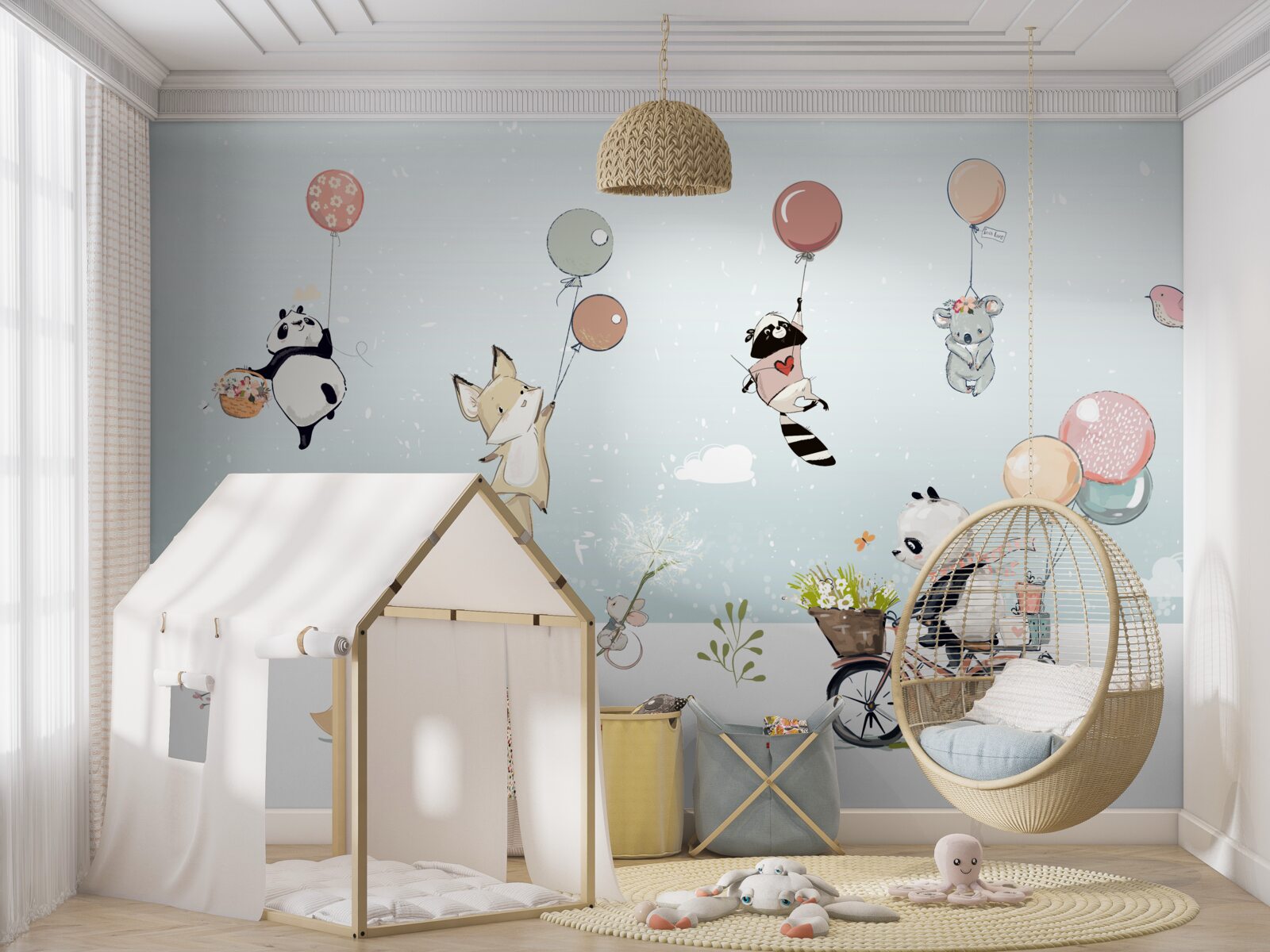 Papier peint panda à bicyclette et animaux à bulles