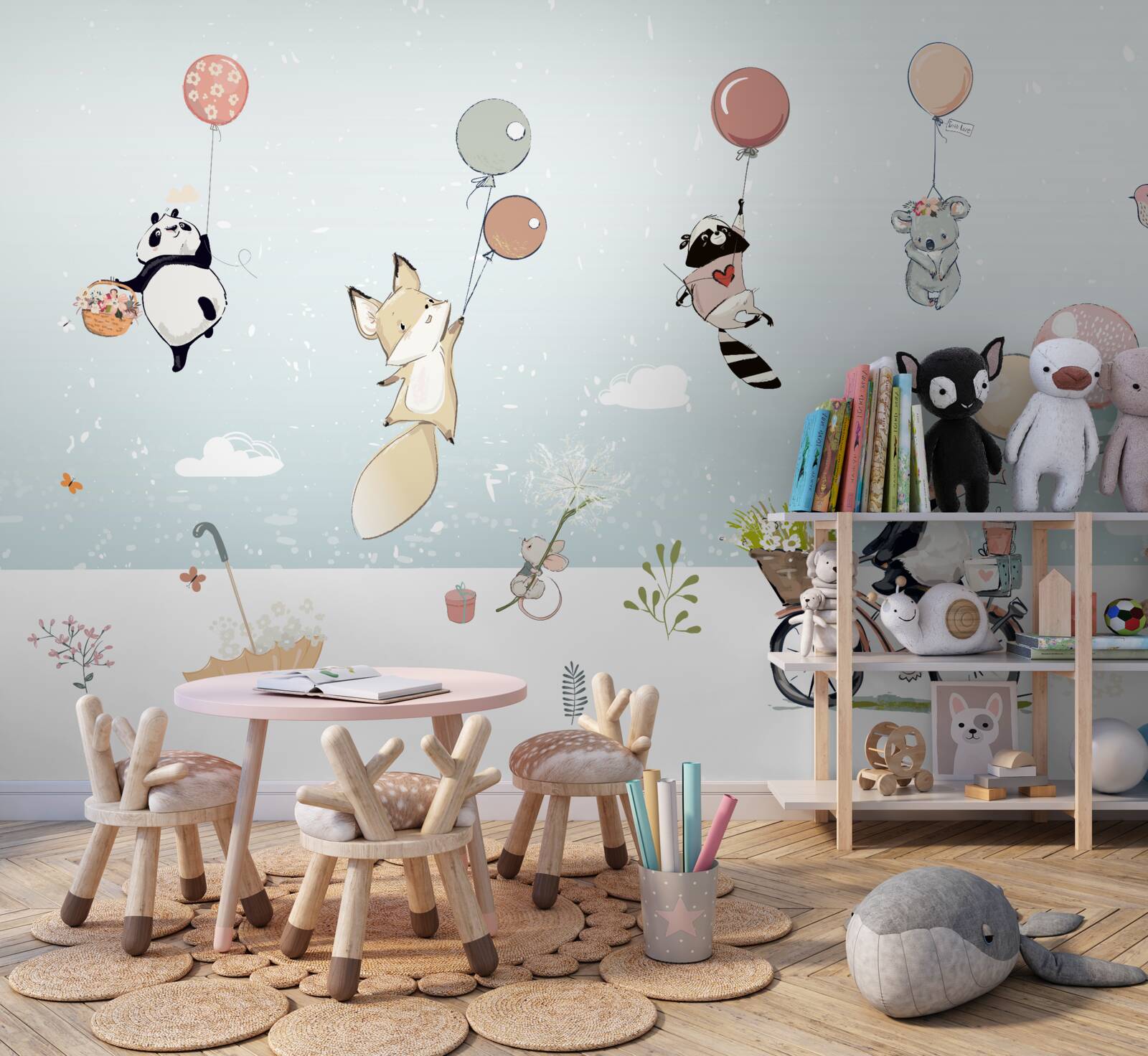 Papier peint panda à bicyclette et animaux à bulles