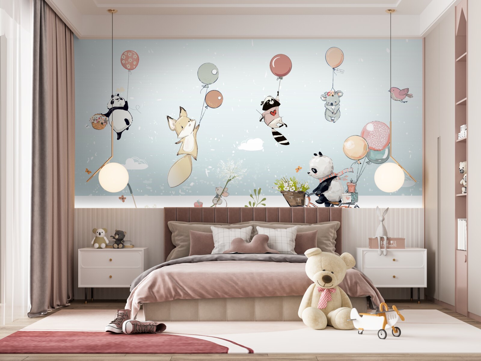 Papier peint panda à bicyclette et animaux à bulles