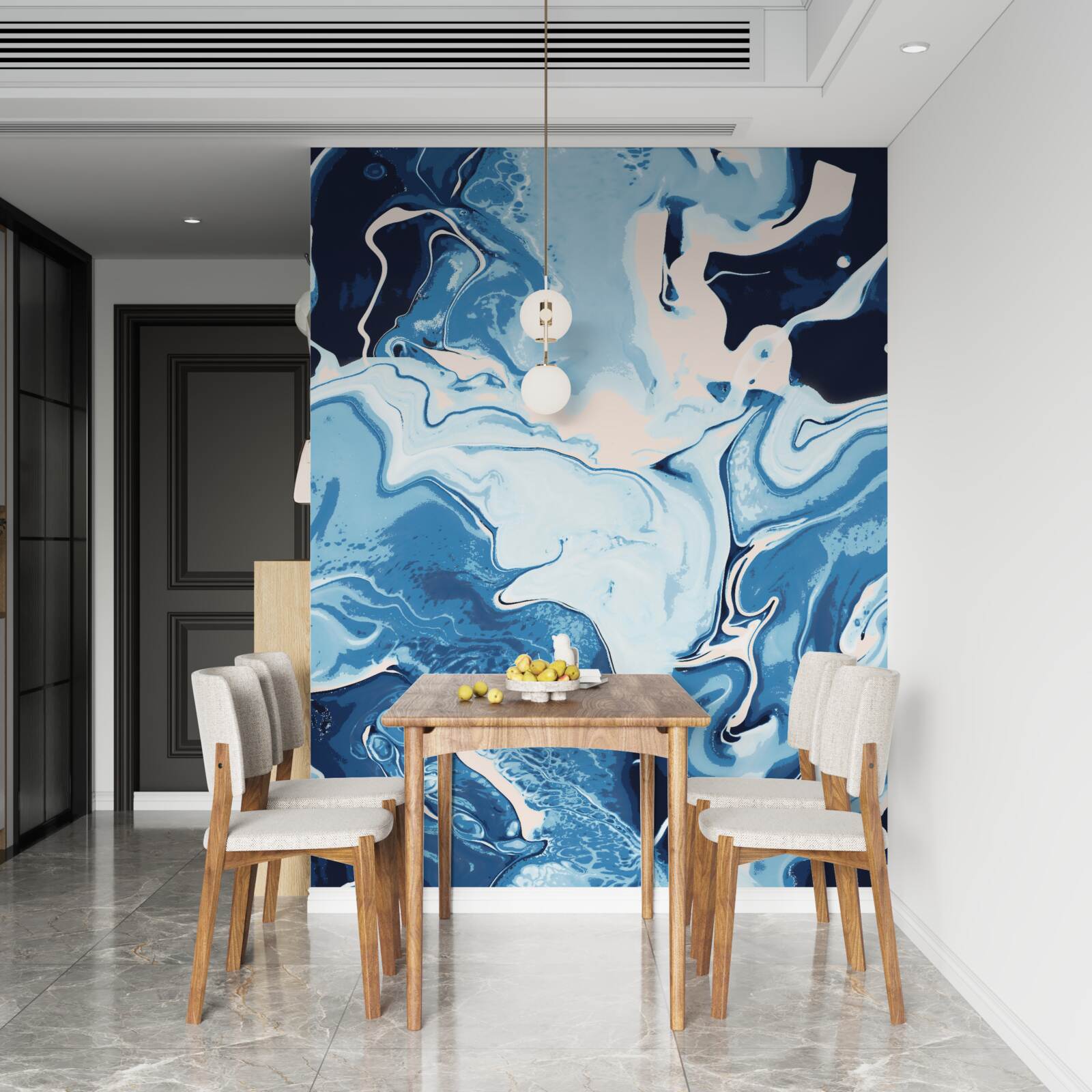 Papier peint image de vagues en nuances de bleu sur fond de marbre