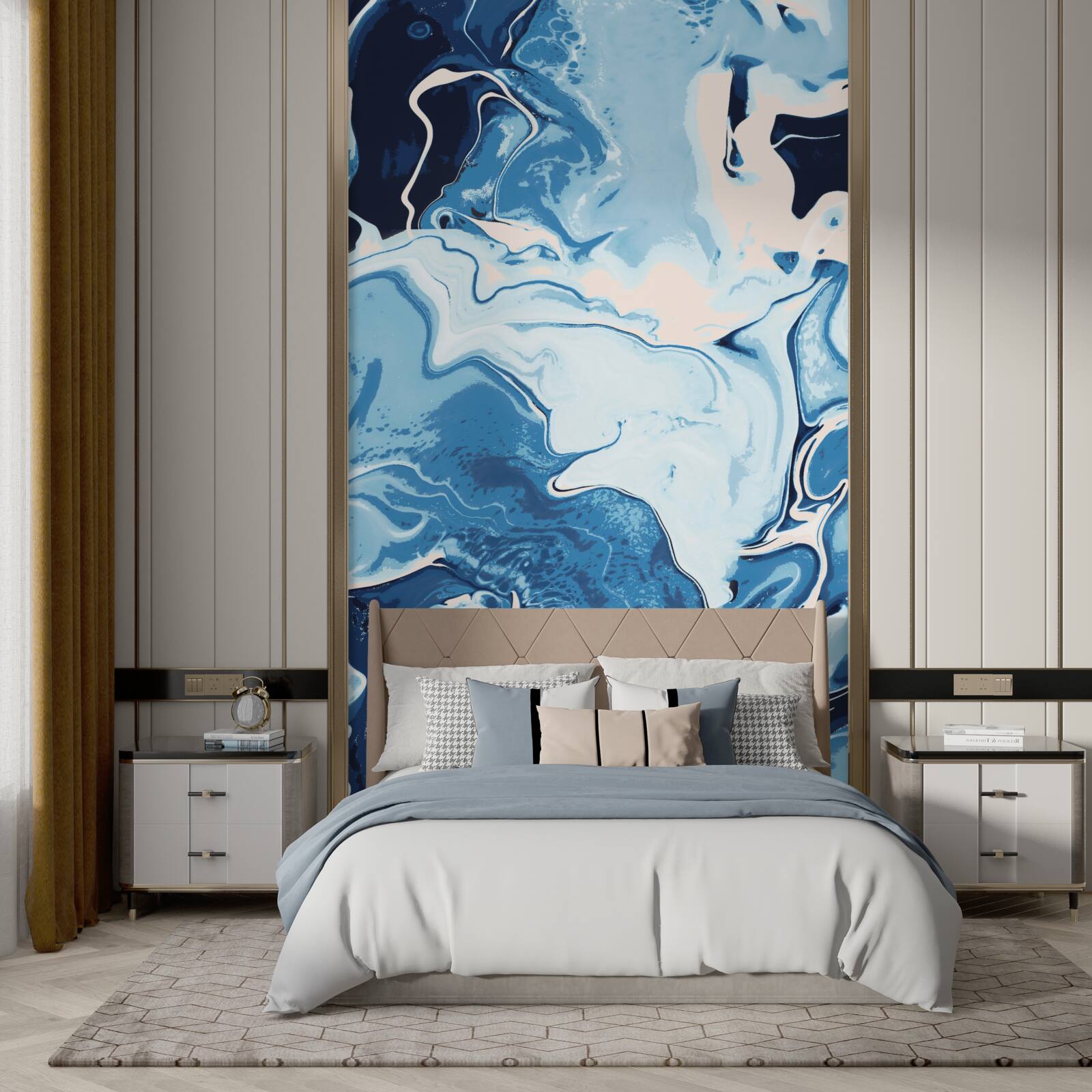 Papier peint image de vagues en nuances de bleu sur fond de marbre