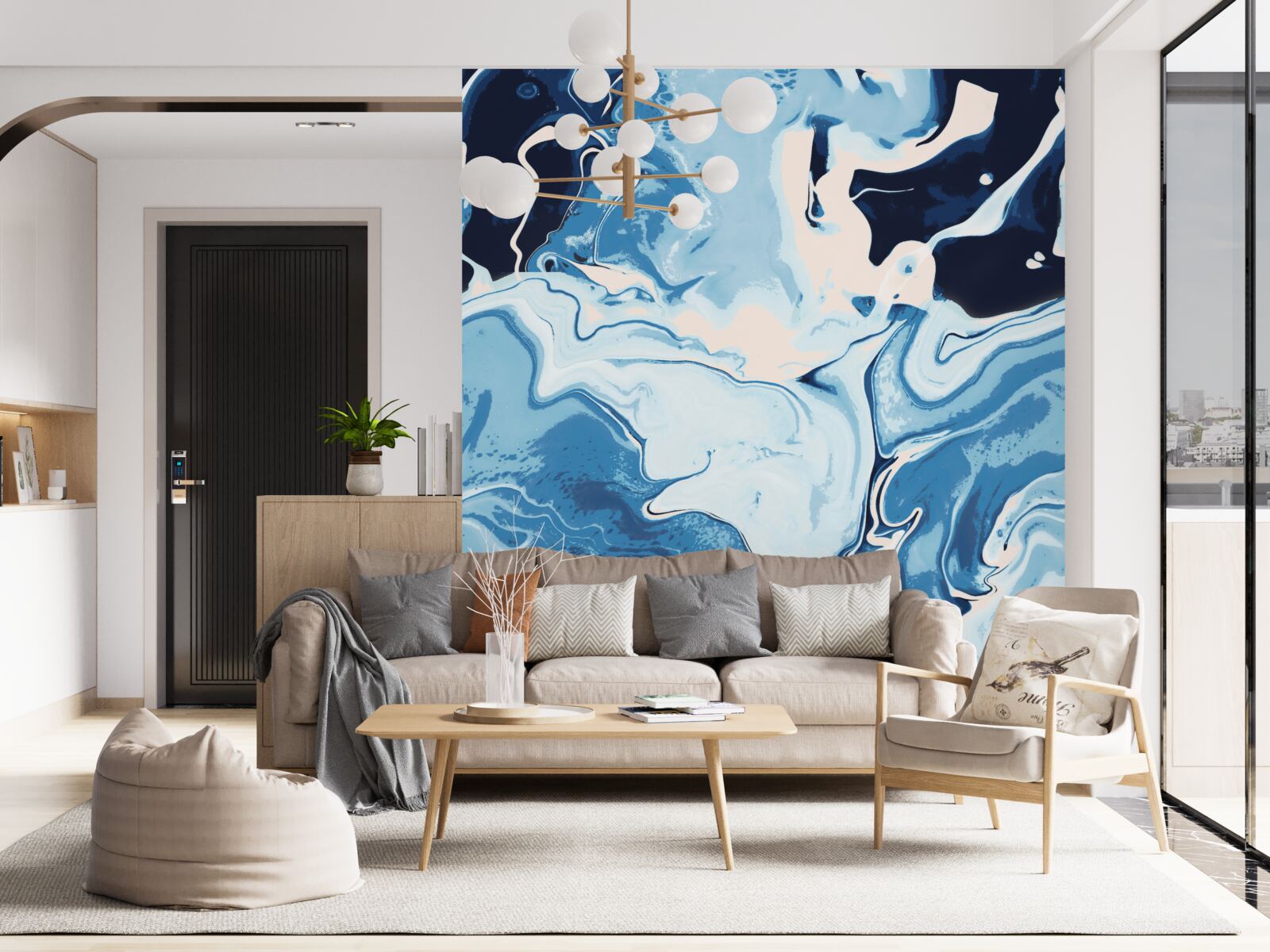 Papier peint image de vagues en nuances de bleu sur fond de marbre