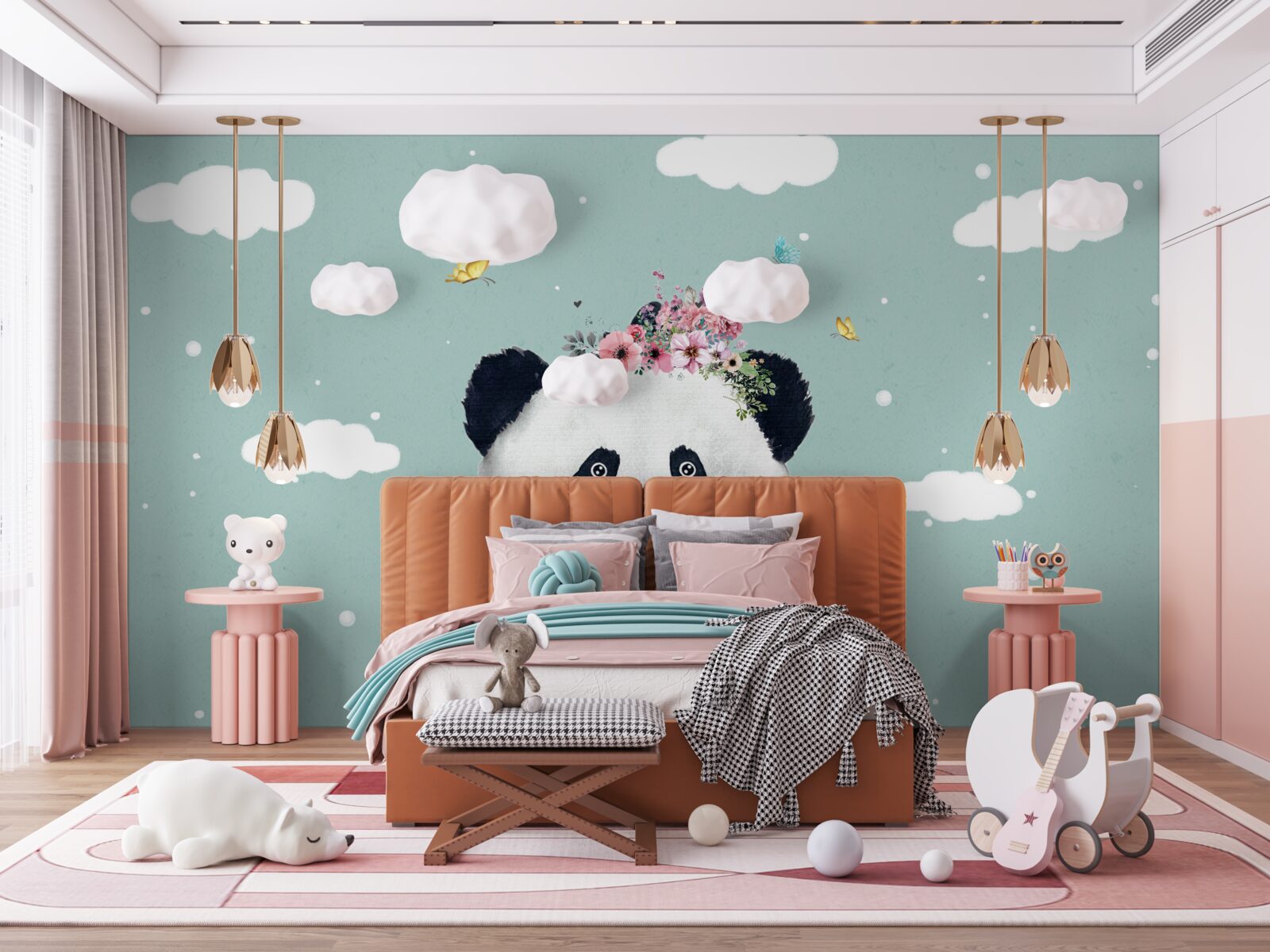 Papier peint les nuages sont devenus l'arrière-plan d'un panda avec des fleurs