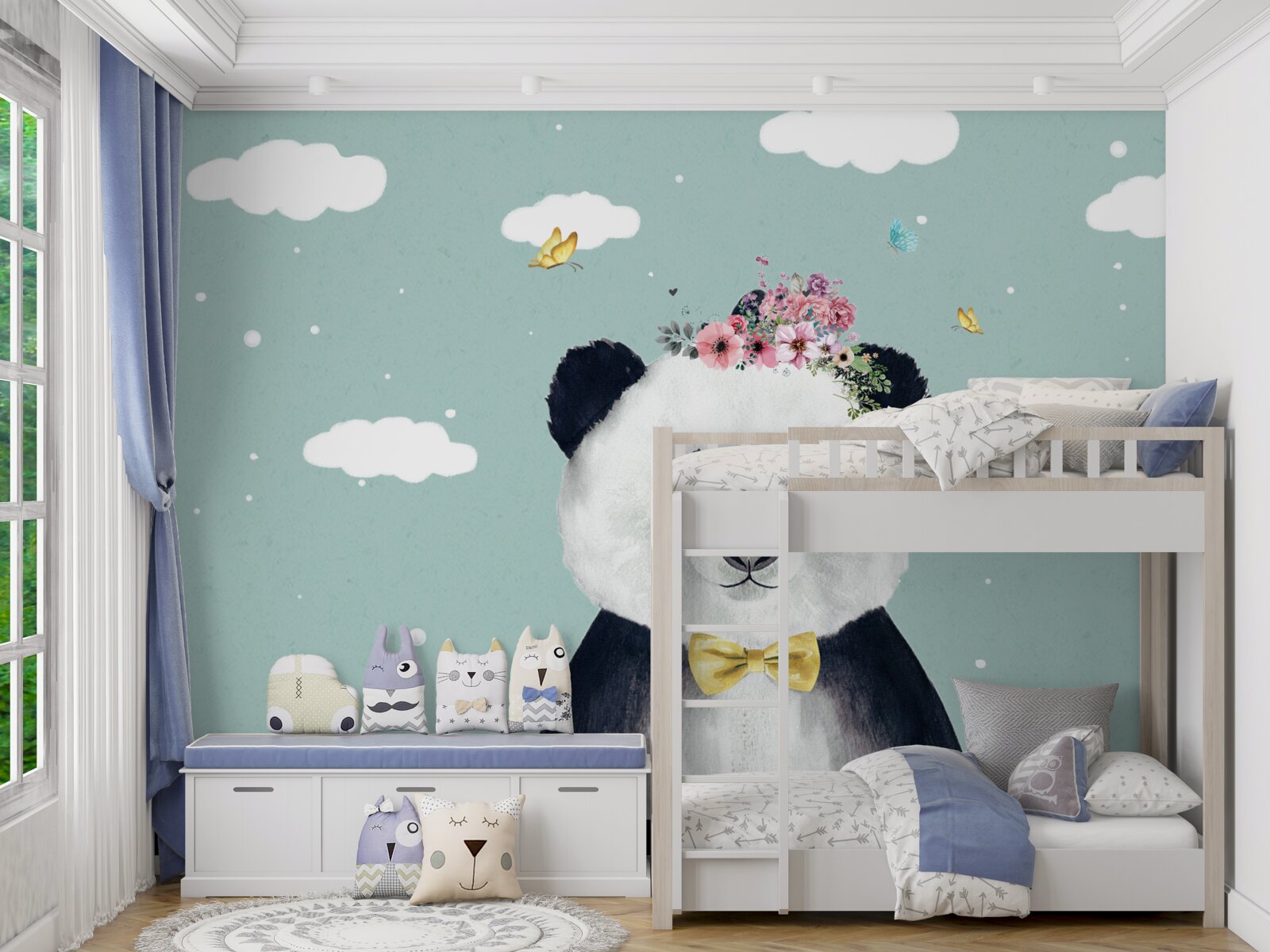 Papier peint les nuages sont devenus l'arrière-plan d'un panda avec des fleurs