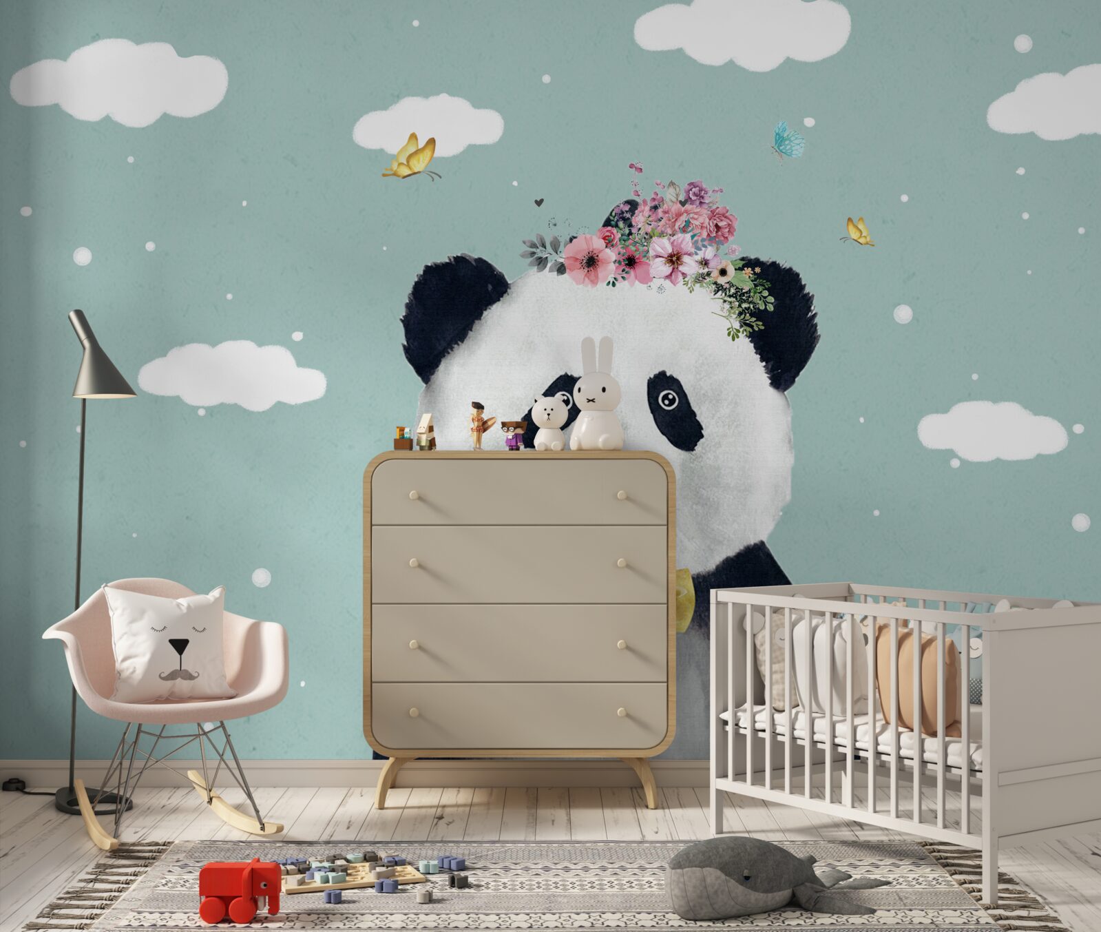 Papier peint les nuages sont devenus l'arrière-plan d'un panda avec des fleurs