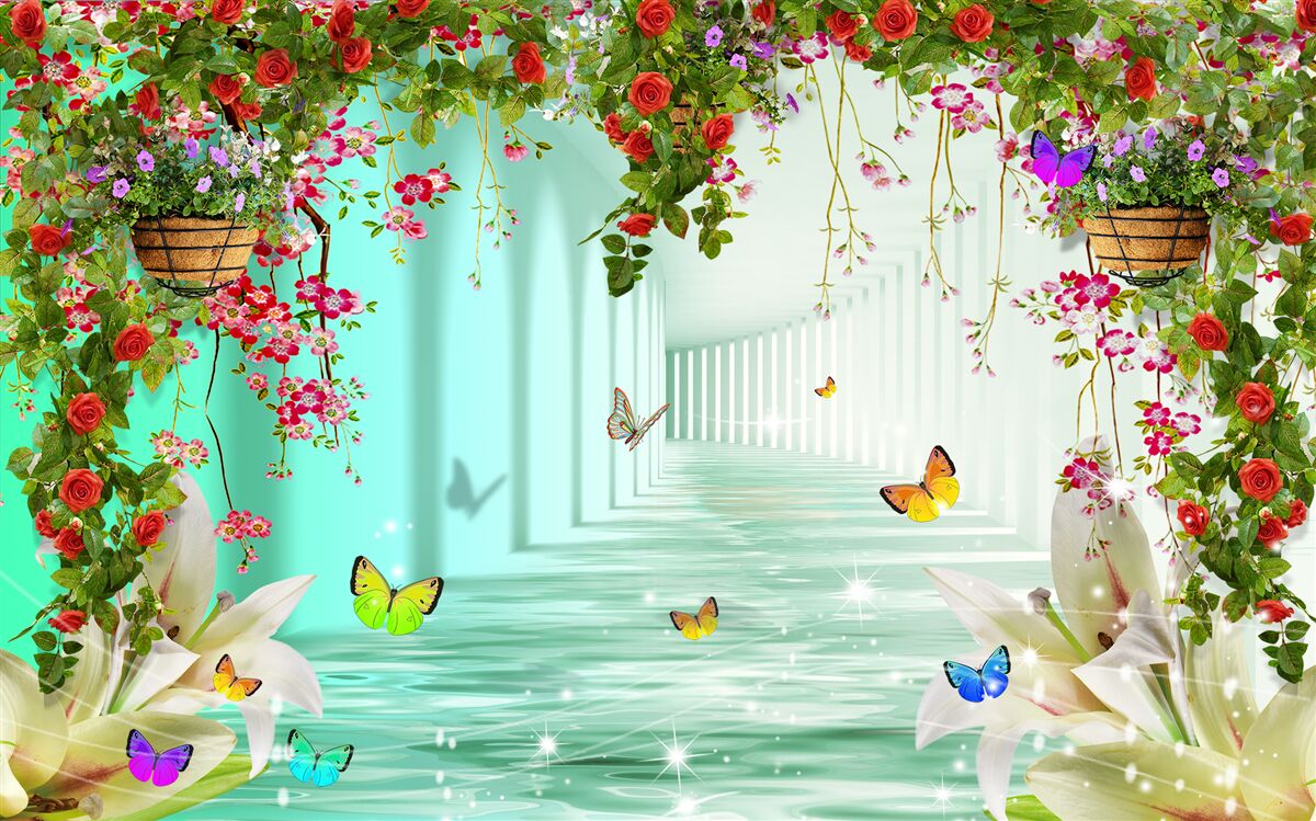 Papier peint papillons et fleurs de printemps dans le tunnel