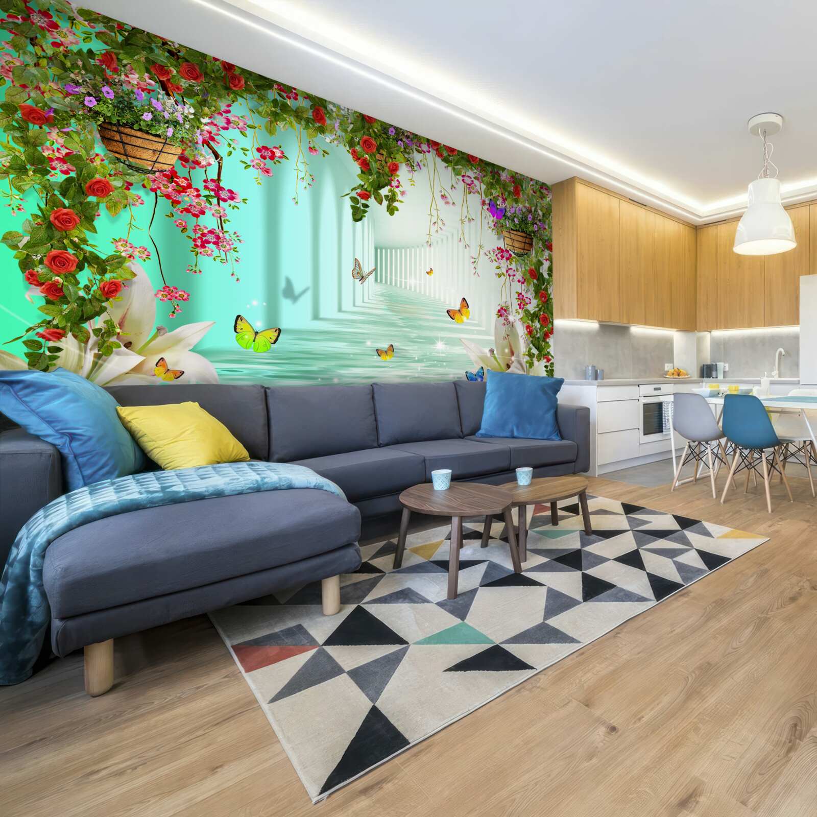 Papier peint papillons et fleurs de printemps dans le tunnel