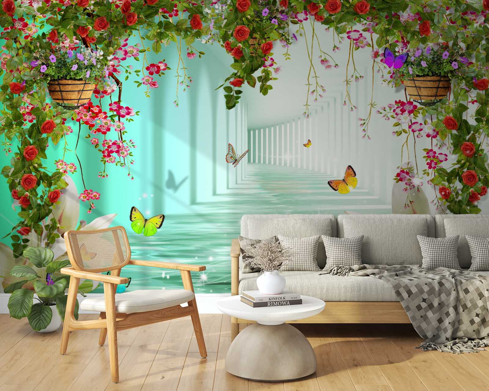 Papier peint papillons et fleurs de printemps dans le tunnel