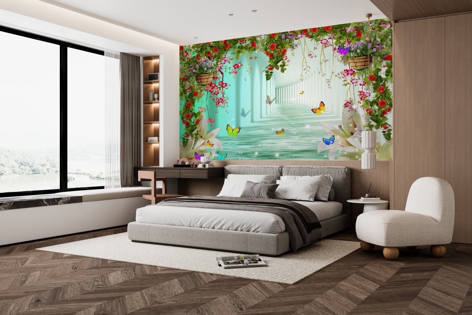 Papier peint papillons et fleurs de printemps dans le tunnel