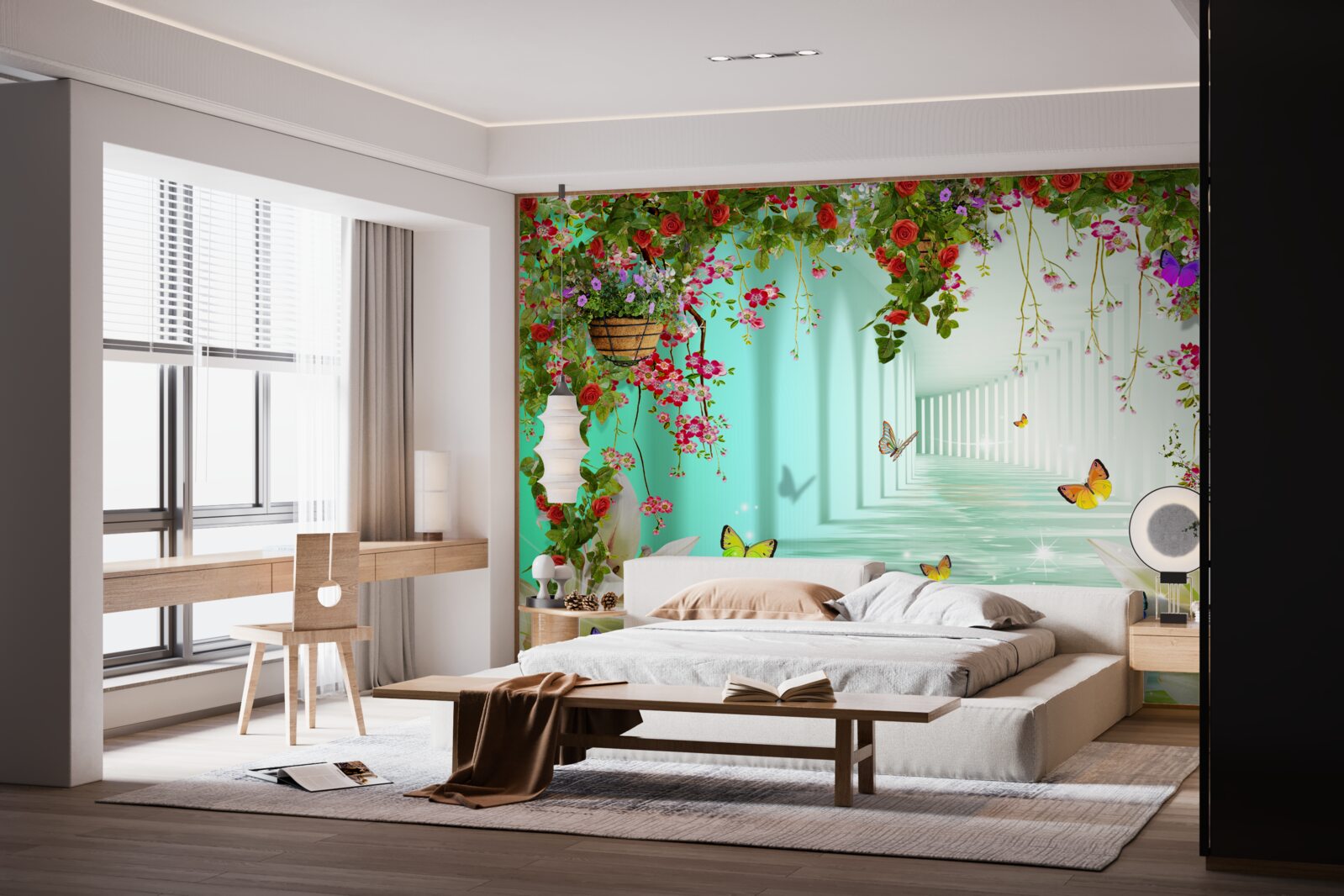 Papier peint papillons et fleurs de printemps dans le tunnel