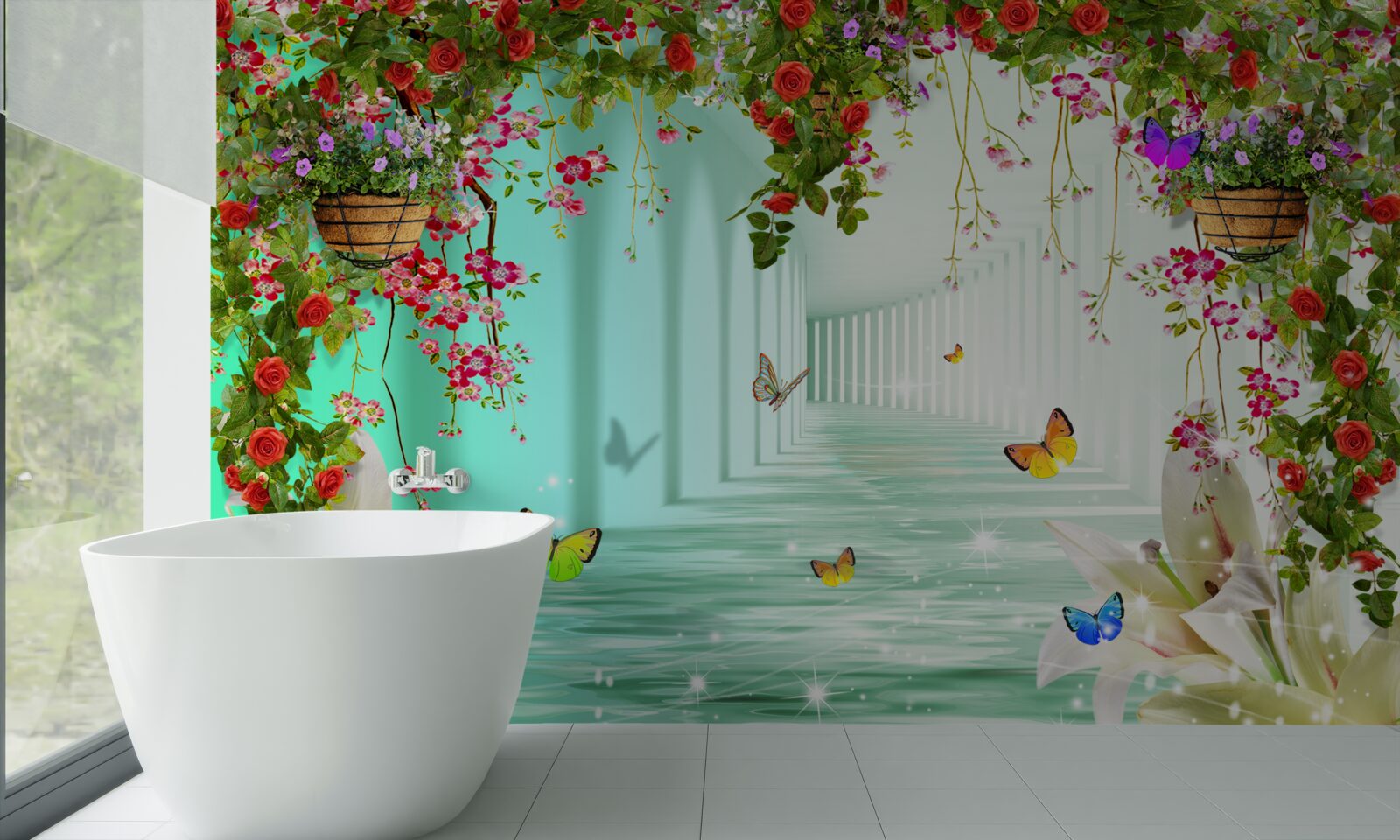 Papier peint papillons et fleurs de printemps dans le tunnel