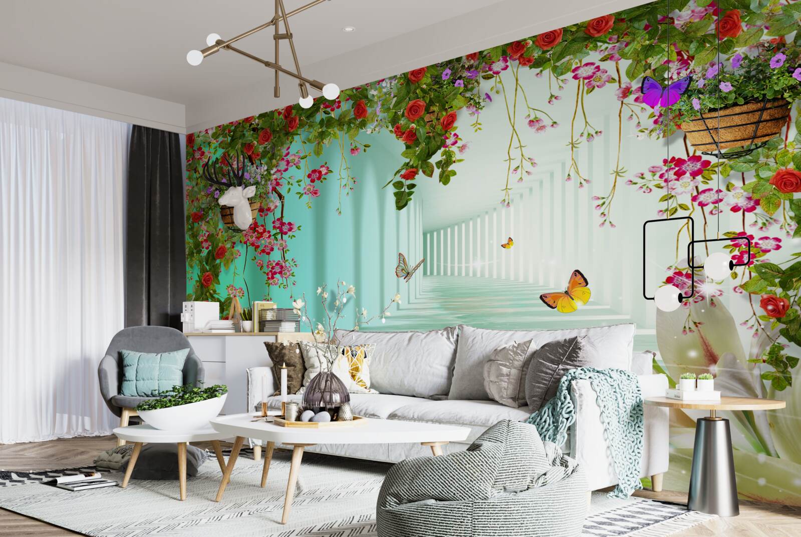 Papier peint papillons et fleurs de printemps dans le tunnel