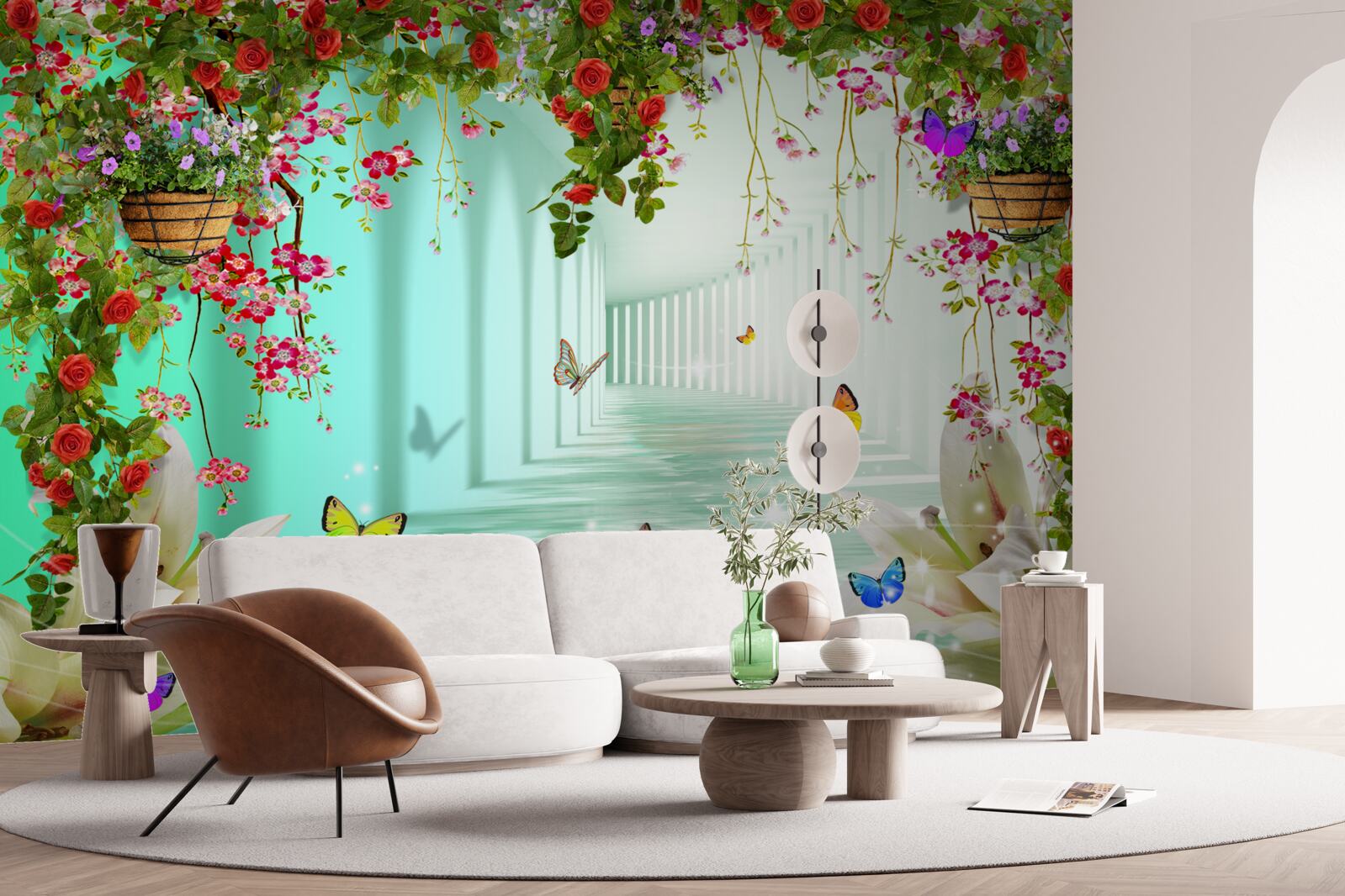 Papier peint papillons et fleurs de printemps dans le tunnel