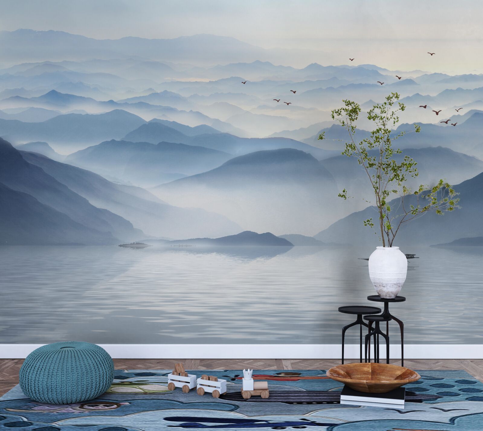 Papier peint un brouillard épais recouvre la rivière de montagne