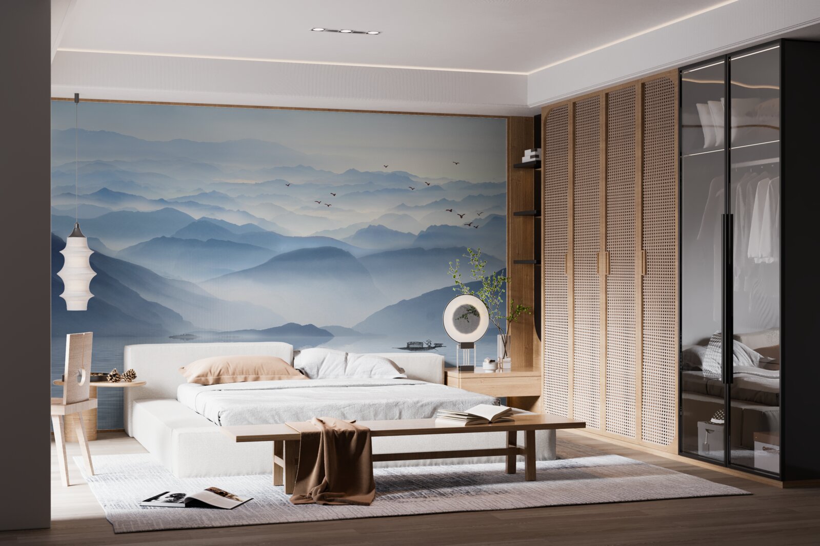 Papier peint un brouillard épais recouvre la rivière de montagne