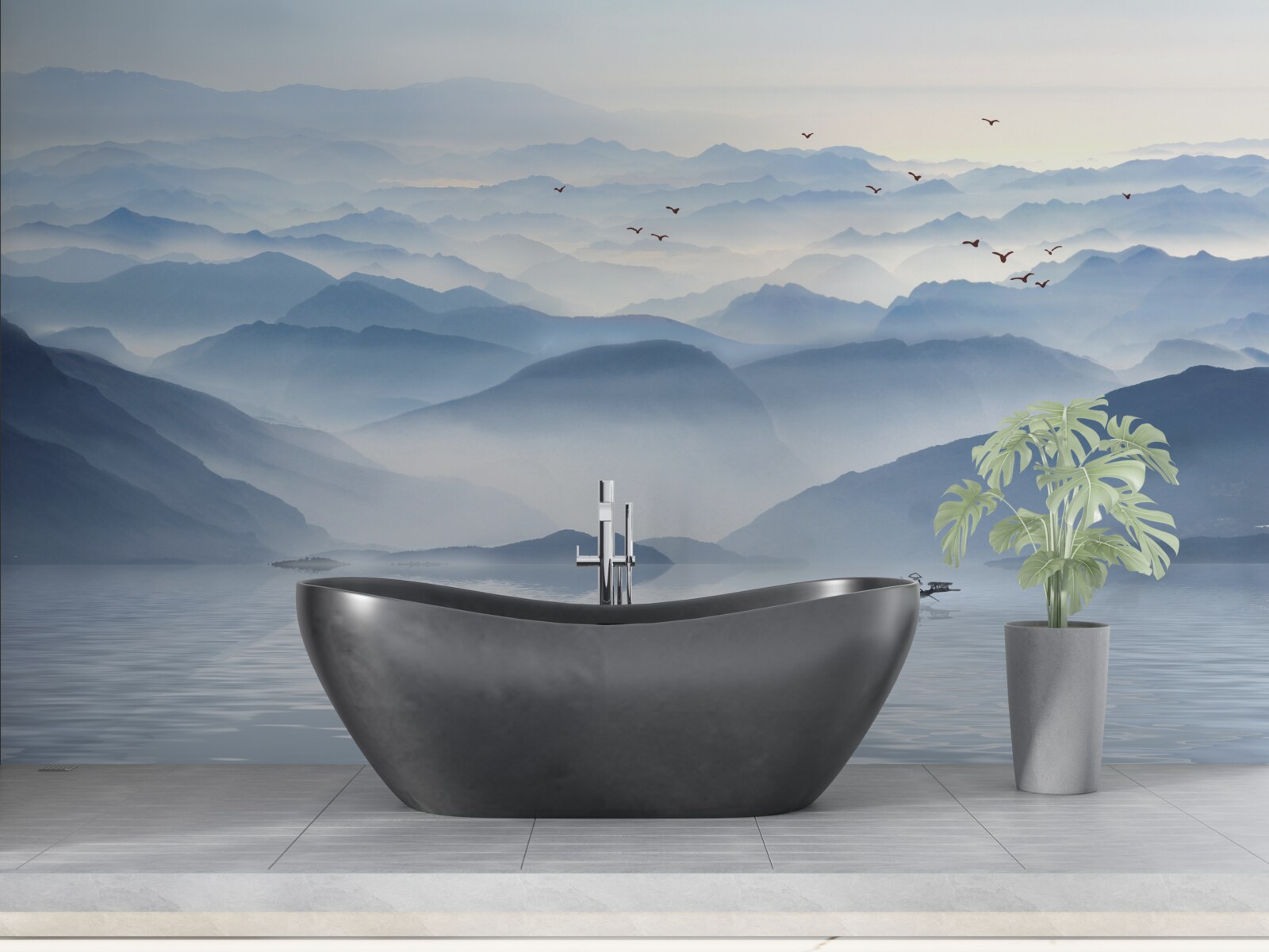 Papier peint un brouillard épais recouvre la rivière de montagne