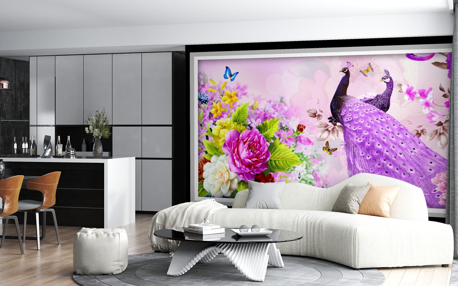 Papier peint parmi les fleurs, deux paons violets