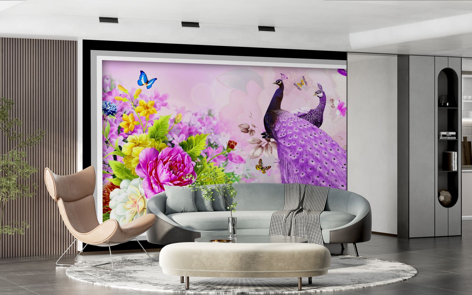 Papier peint parmi les fleurs, deux paons violets