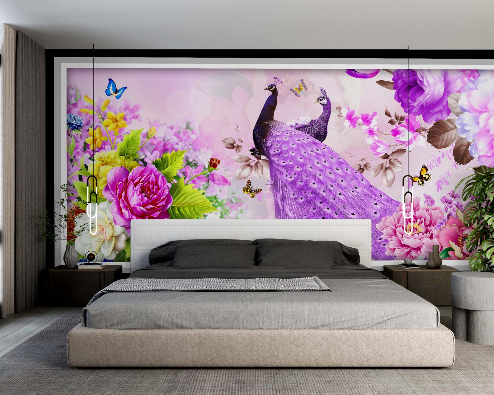 Papier peint parmi les fleurs, deux paons violets