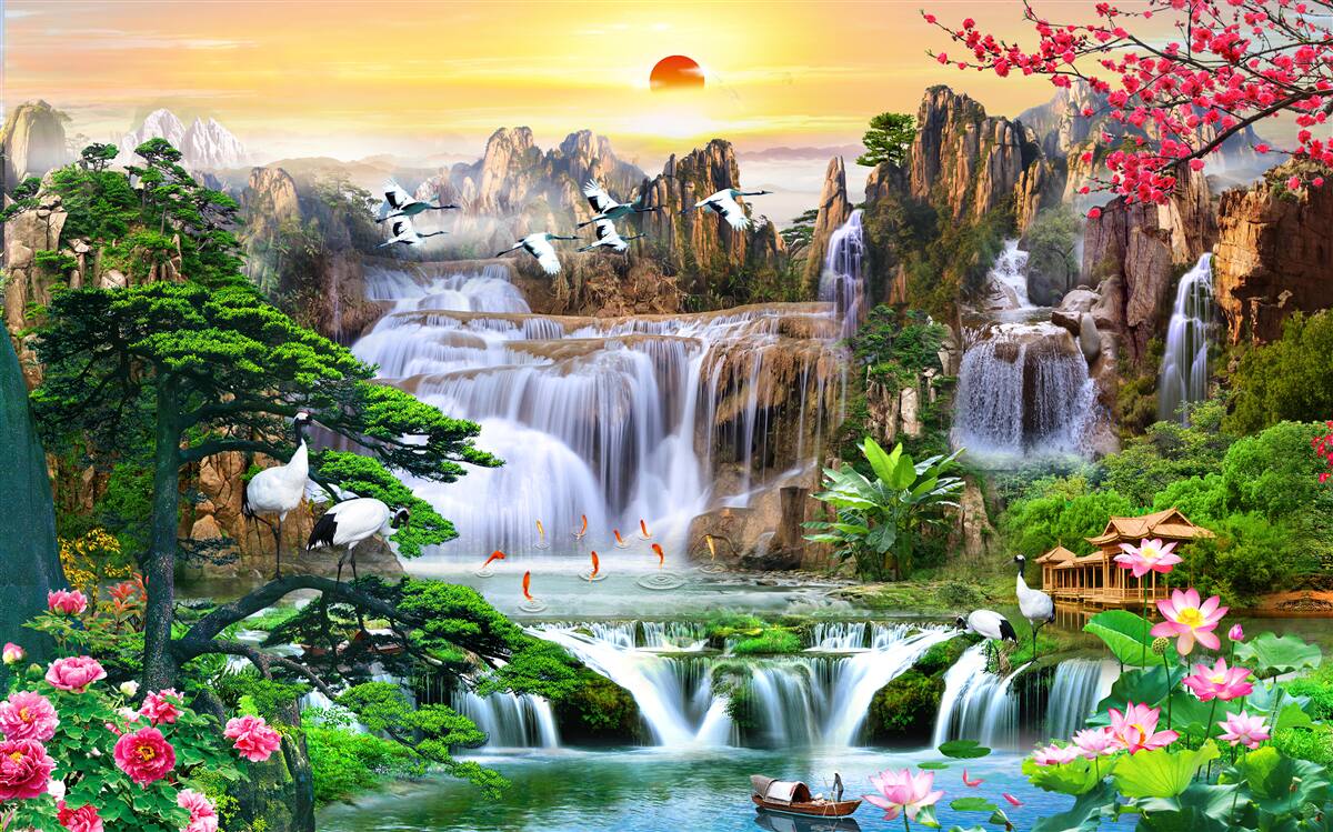 Papier peint oiseaux et chutes d'eau