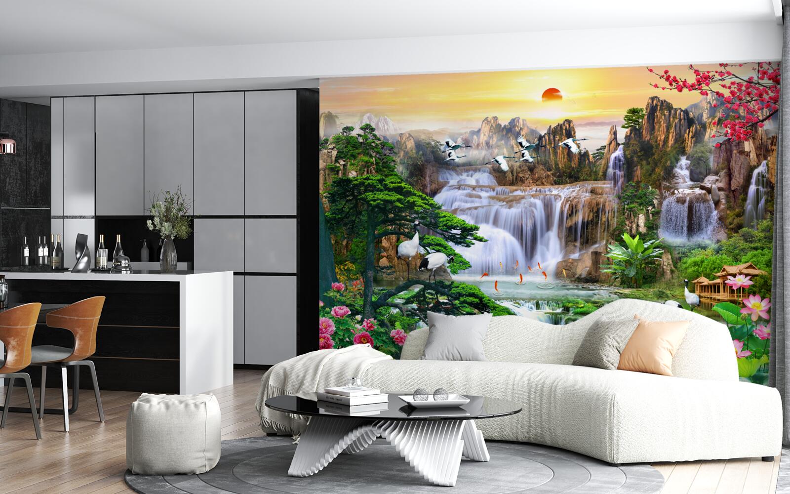 Papier peint oiseaux et chutes d'eau