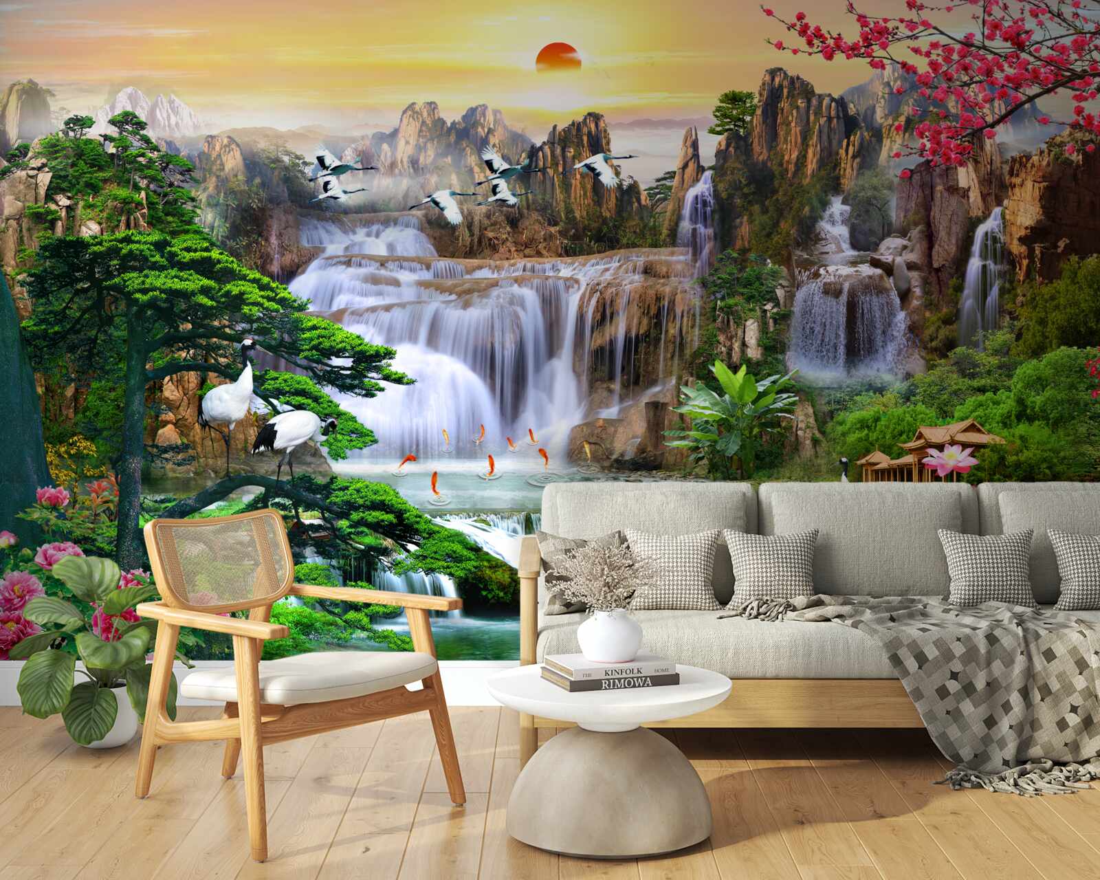 Papier peint oiseaux et chutes d'eau