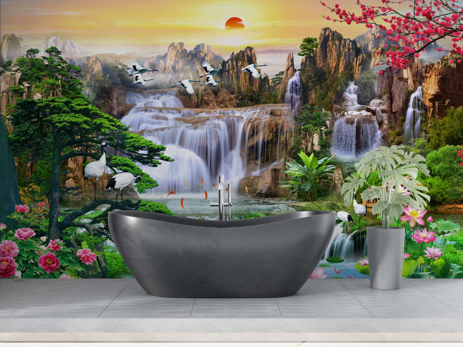 Papier peint oiseaux et chutes d'eau