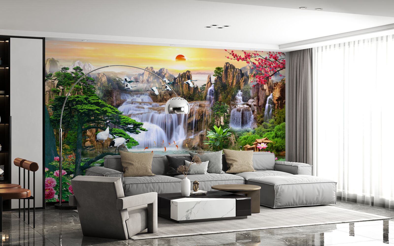 Papier peint oiseaux et chutes d'eau