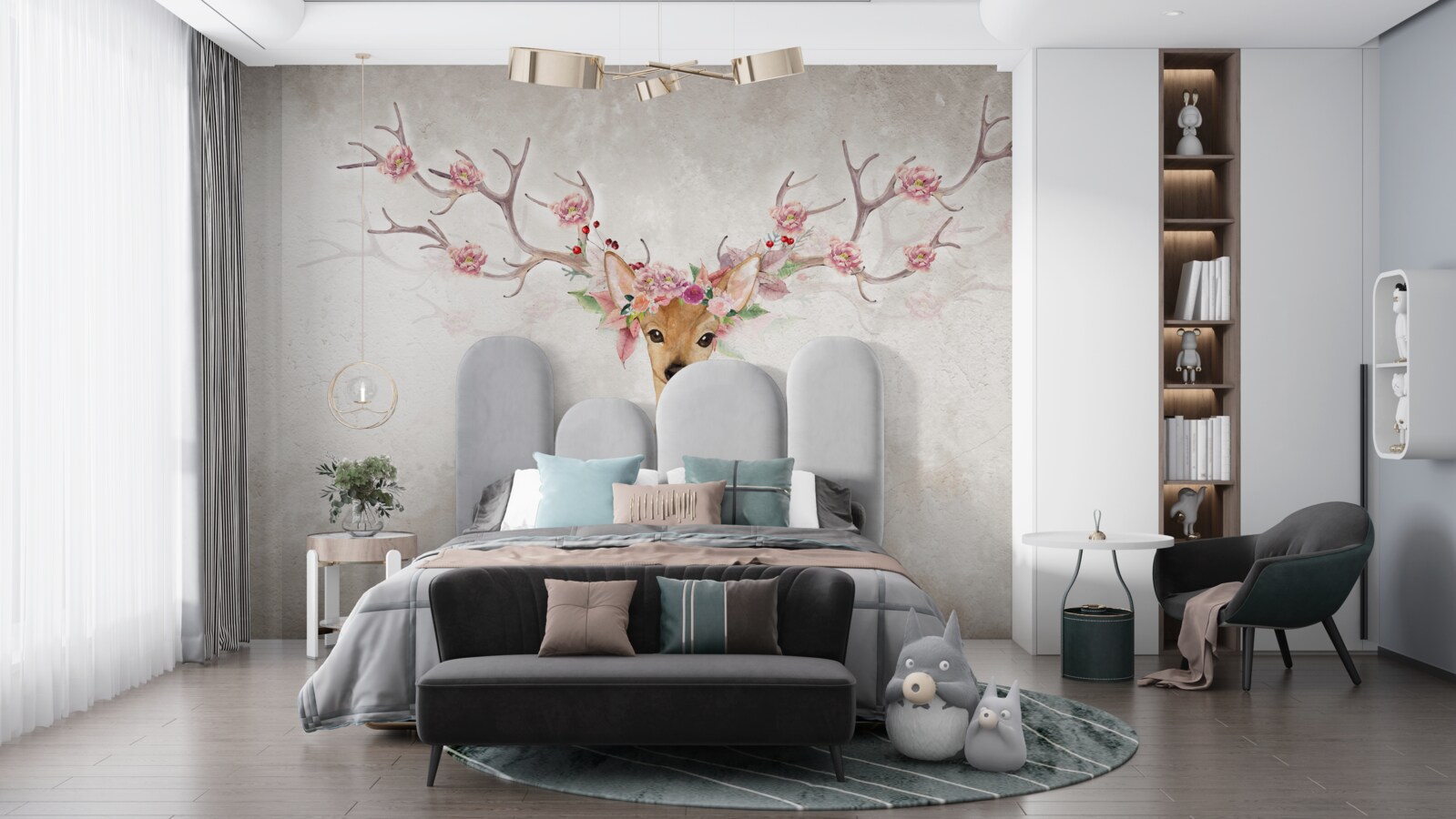 Papier peint la peinture représente un cerf avec des décorations florales sur les cornes