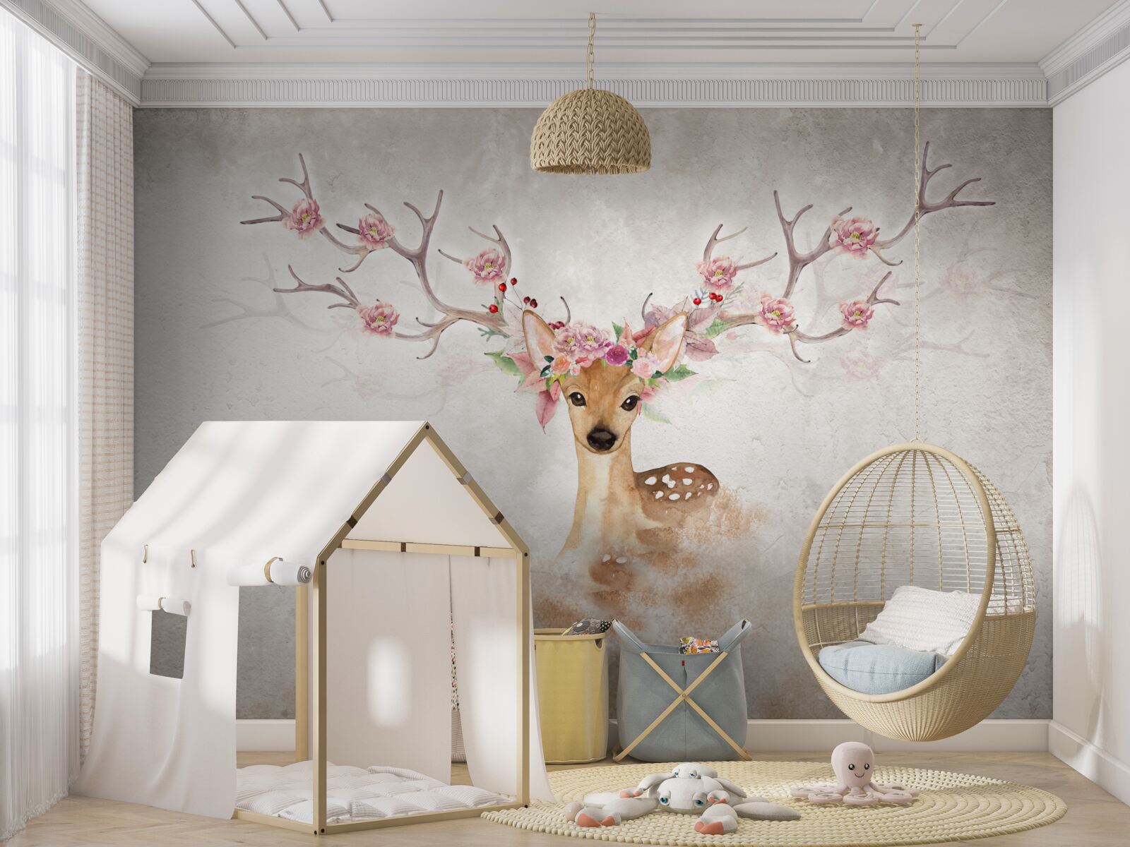 Papier peint la peinture représente un cerf avec des décorations florales sur les cornes