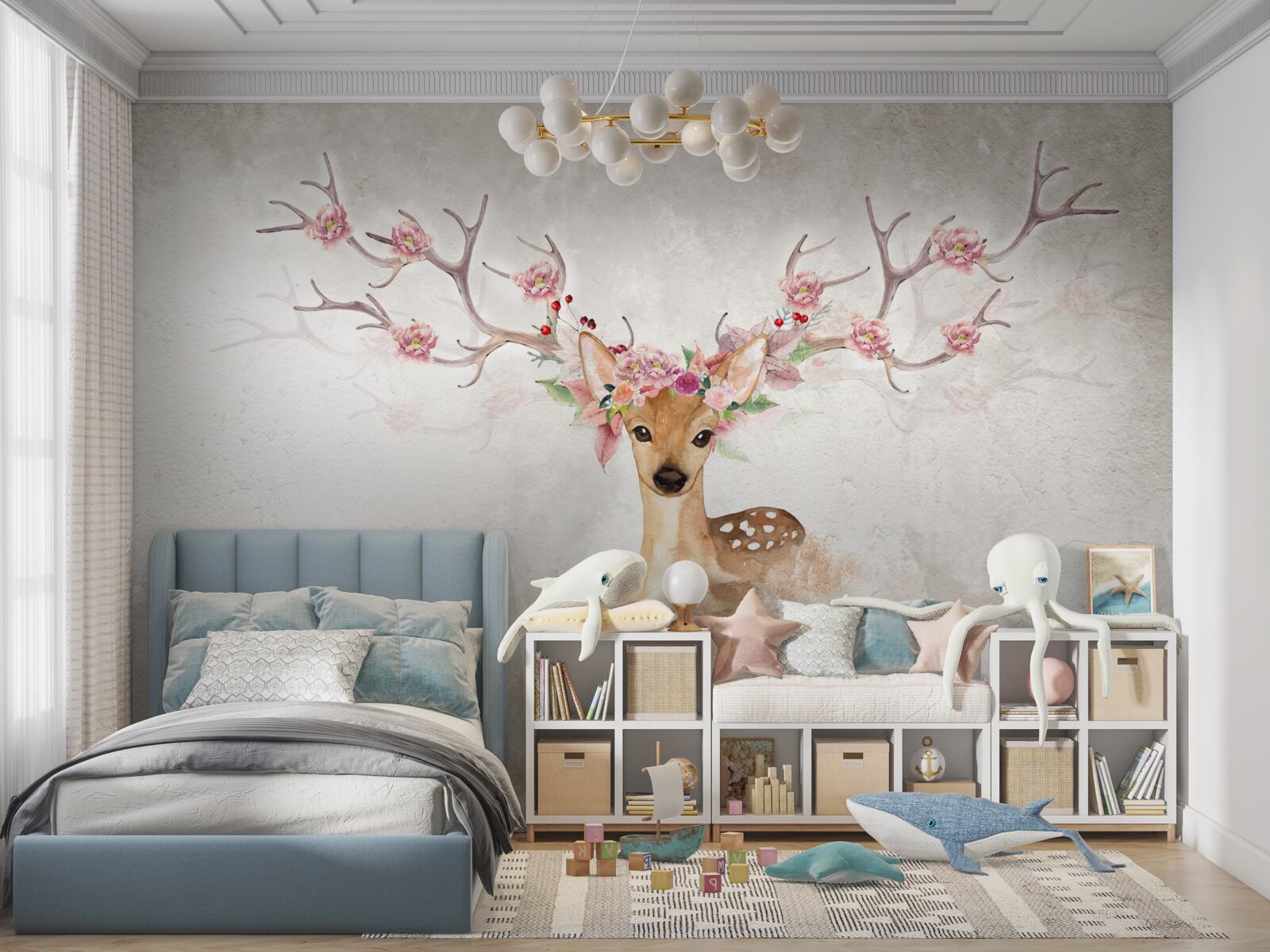 Papier peint la peinture représente un cerf avec des décorations florales sur les cornes