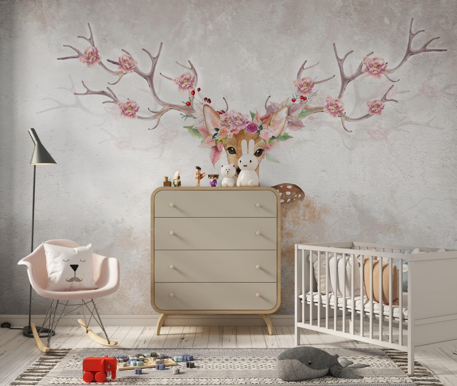 Papier peint la peinture représente un cerf avec des décorations florales sur les cornes