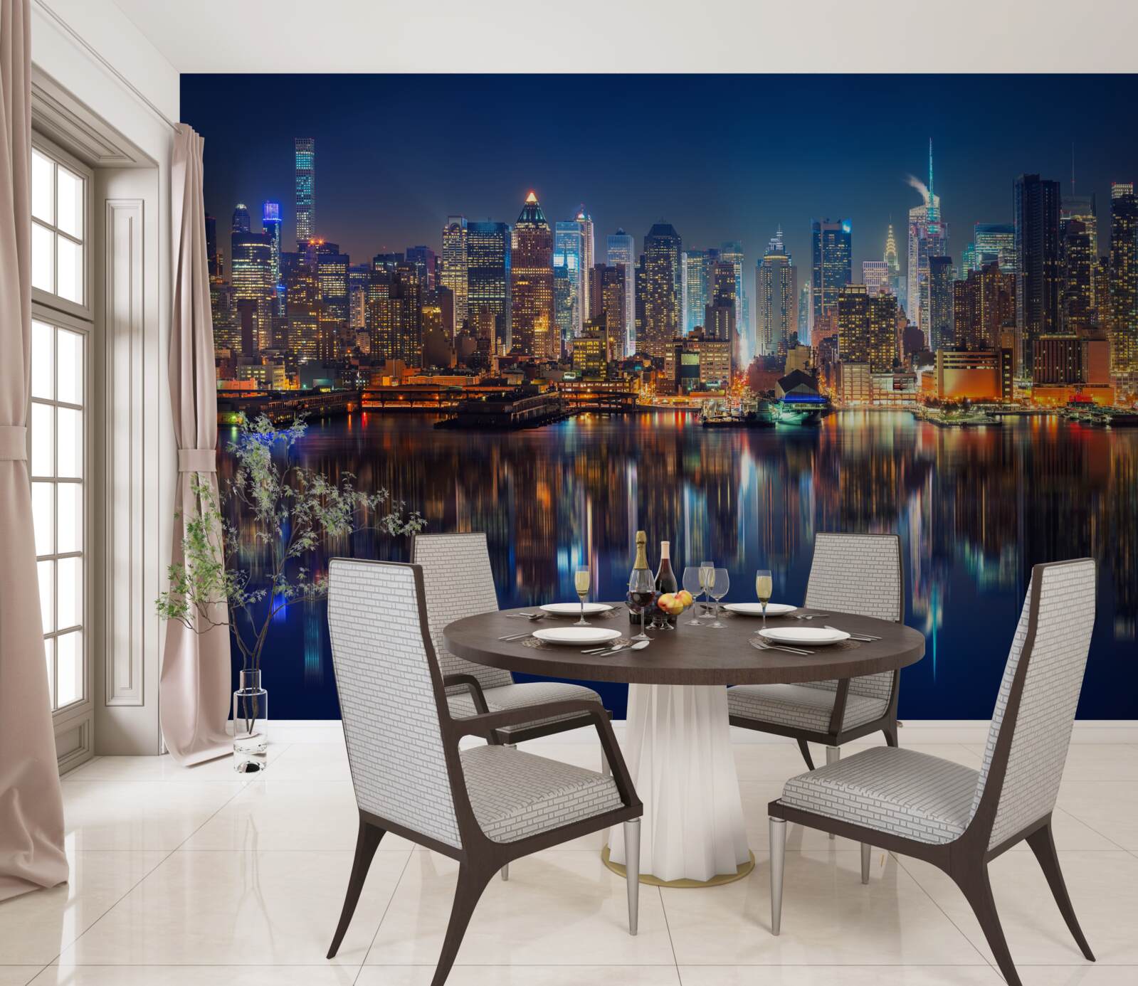 Papier peint reflet de la ville de nuit dans l'eau