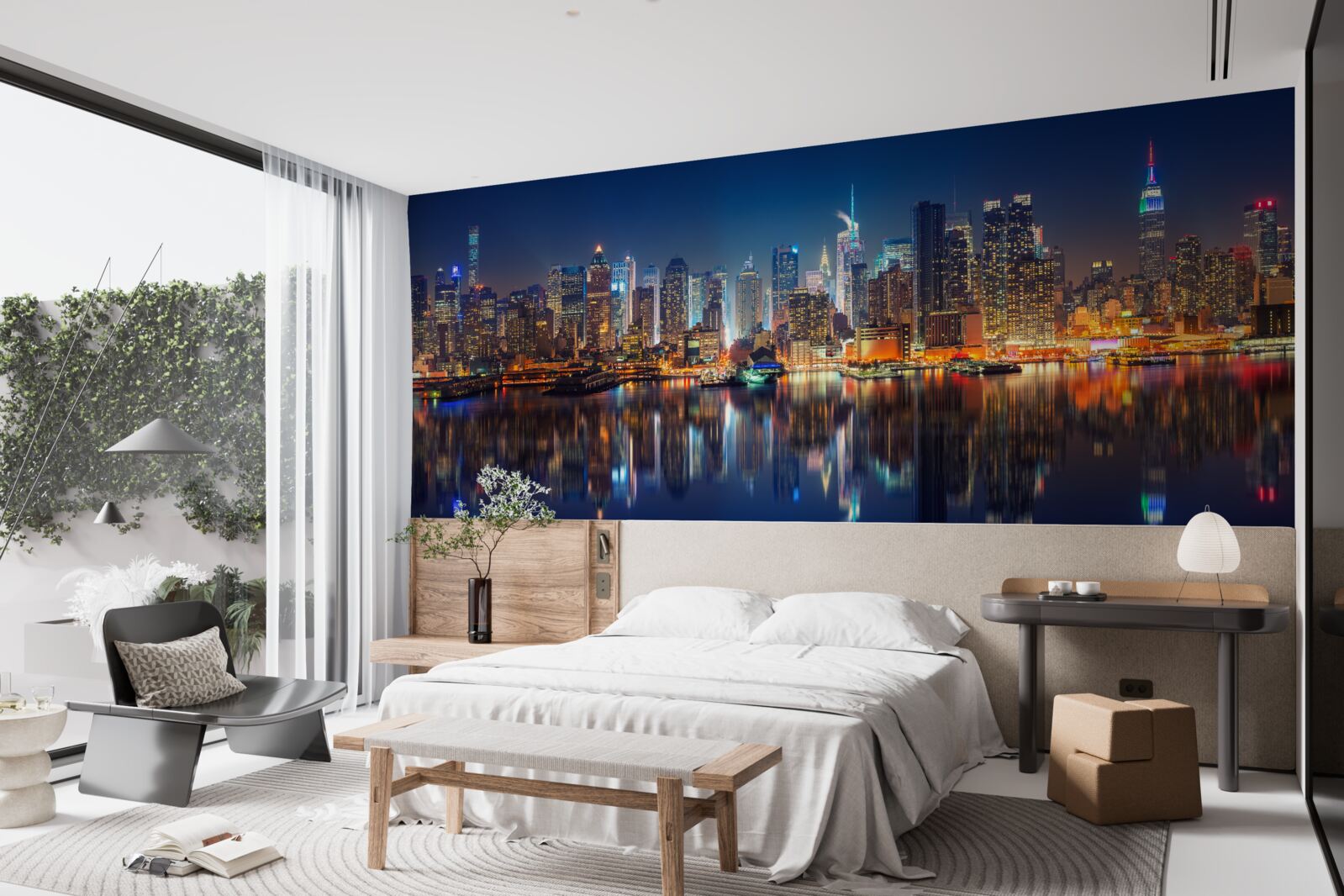 Papier peint reflet de la ville de nuit dans l'eau