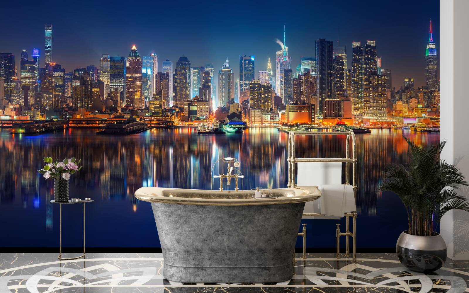 Papier peint reflet de la ville de nuit dans l'eau