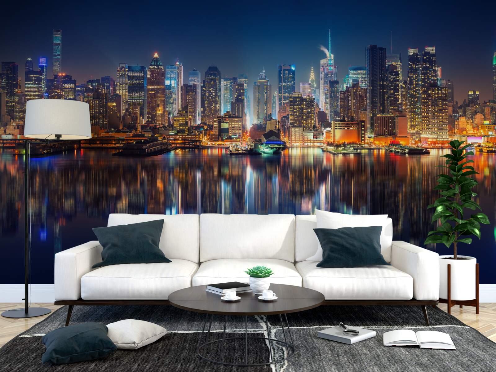 Papier peint reflet de la ville de nuit dans l'eau