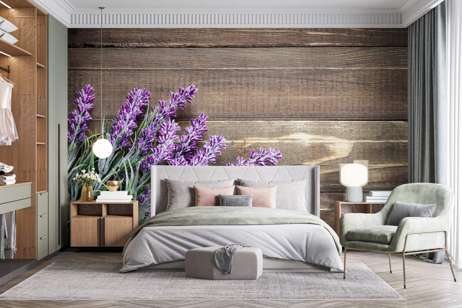 Papier peint branches de lavande en arrière-plan avec un arbre