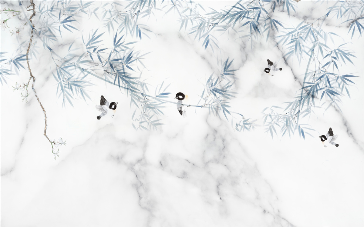 Papier peint le marbre est blanc comme neige, les oiseaux s'écrasent sur les branches