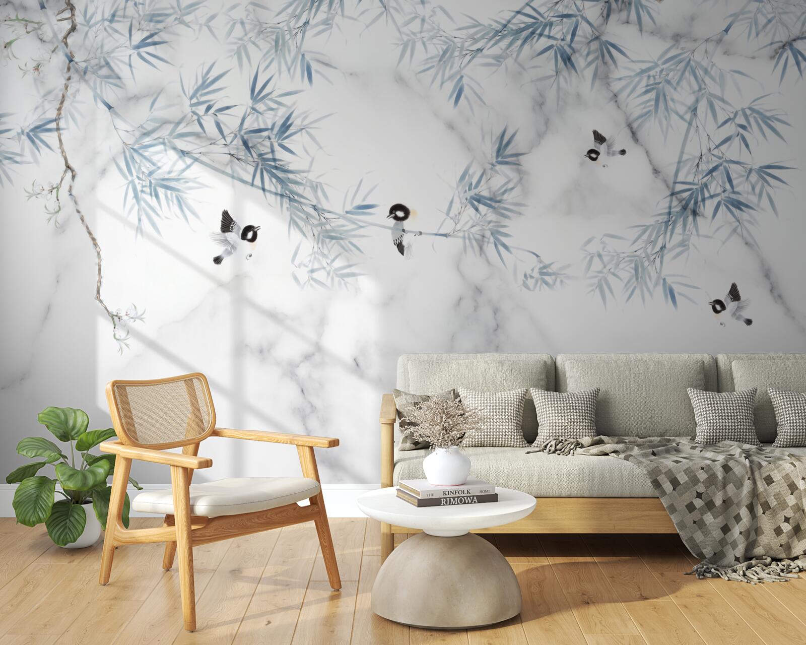 Papier peint le marbre est blanc comme neige, les oiseaux s'écrasent sur les branches